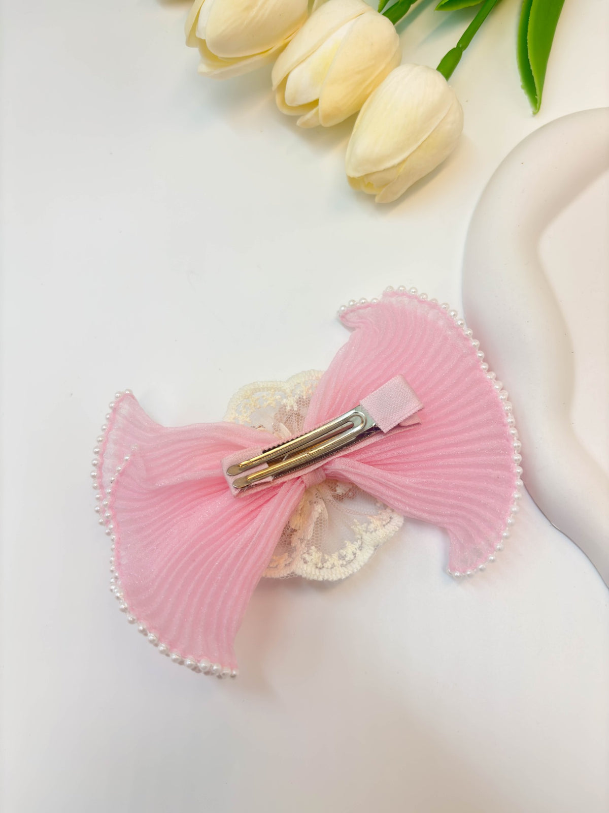 Pleated Organza Bow Hair Clip with Crystal Burst Center