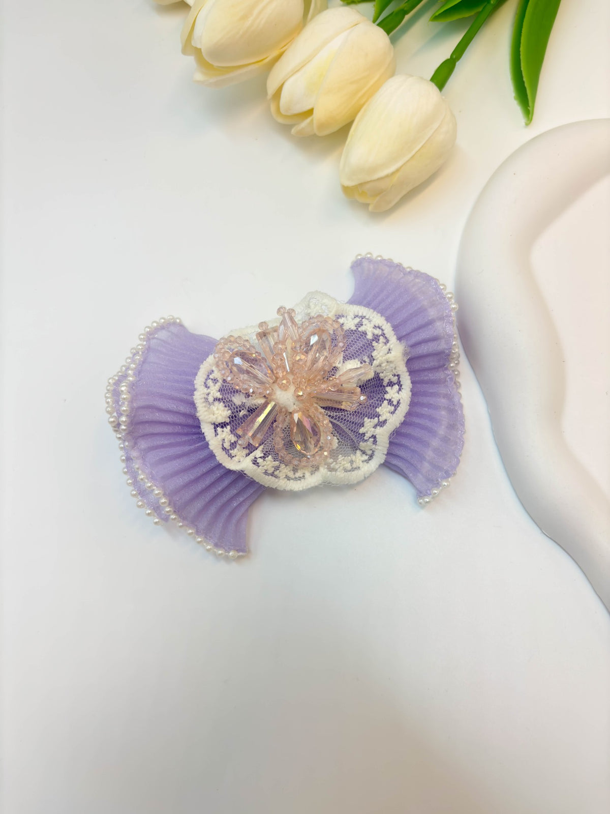 Pleated Organza Bow Hair Clip with Crystal Burst Center