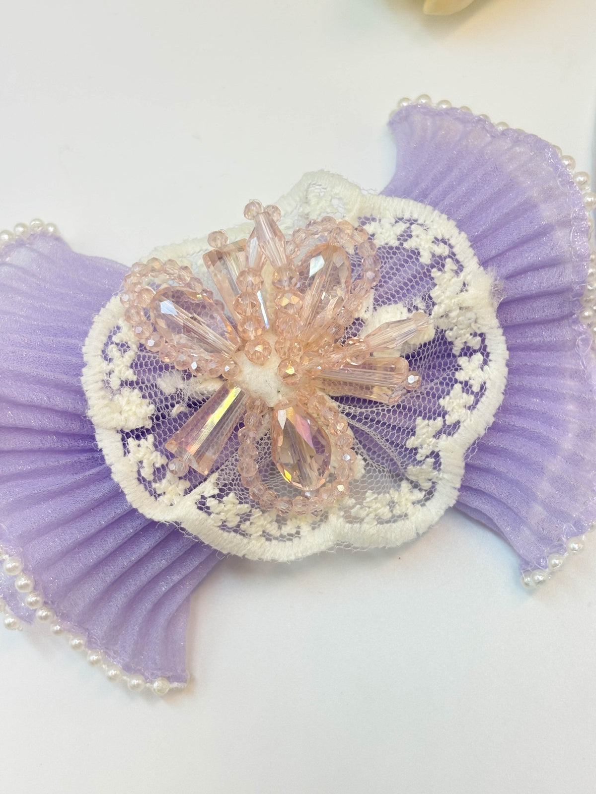 Pleated Organza Bow Hair Clip with Crystal Burst Center