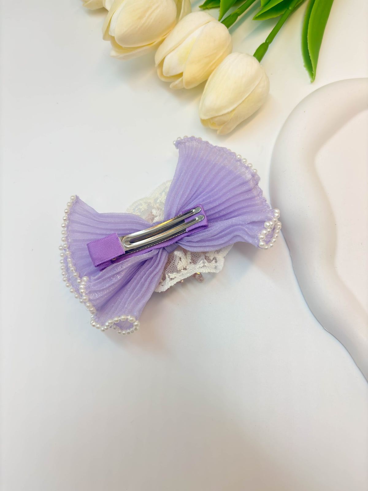 Pleated Organza Bow Hair Clip with Crystal Burst Center