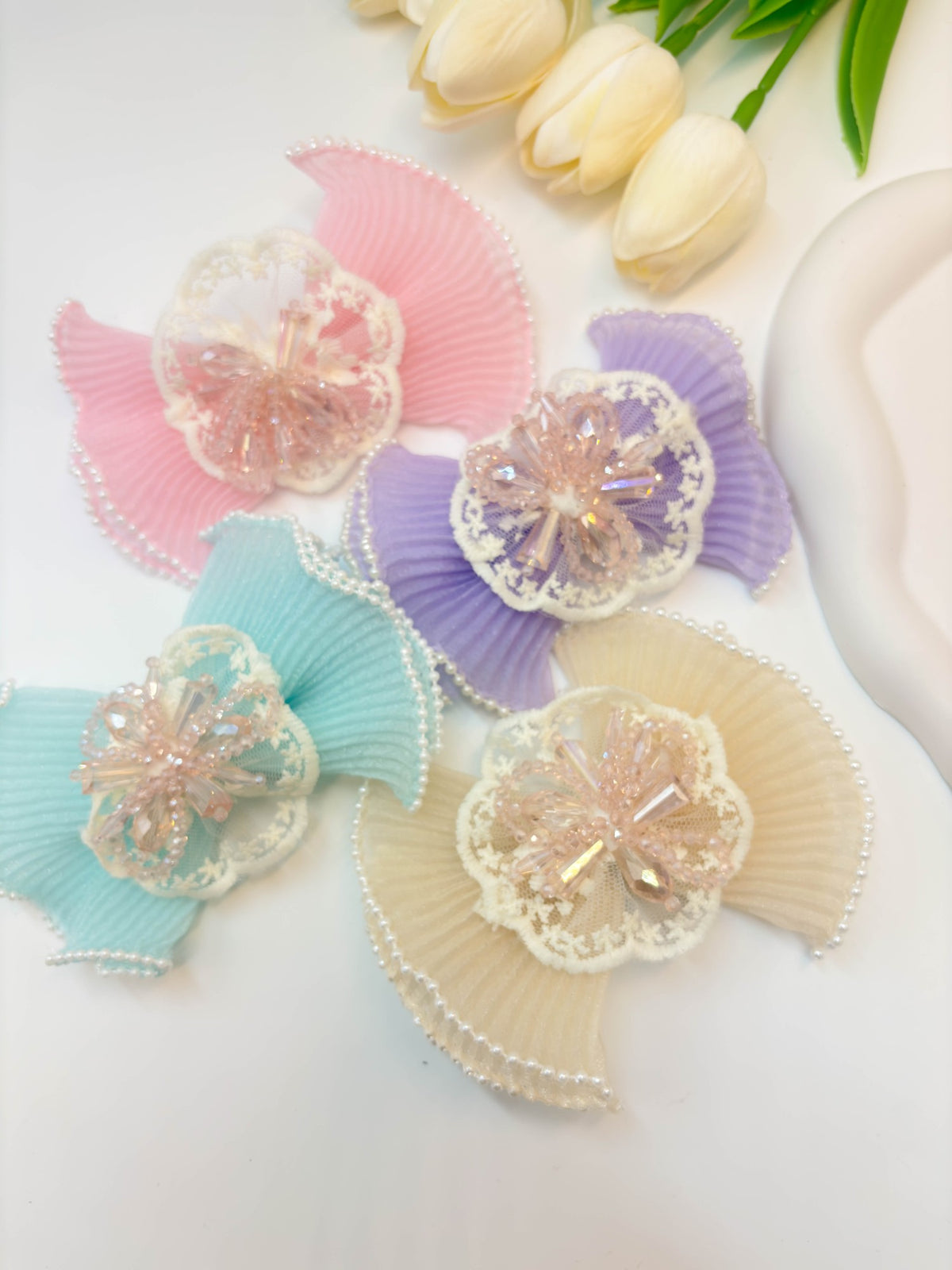 Pleated Organza Bow Hair Clip with Crystal Burst Center