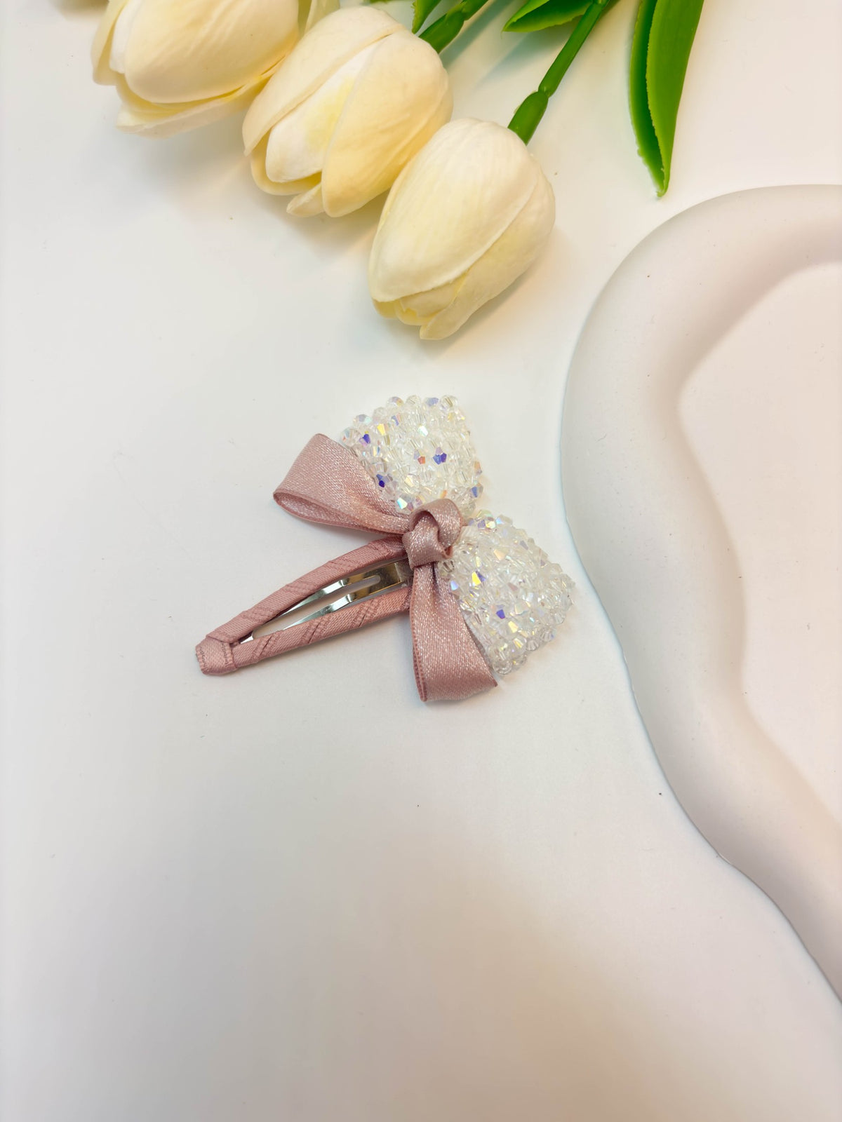 Korean Crystal Beaded Bow Snap Hair Clip