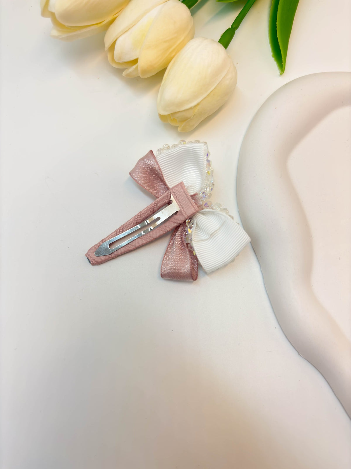 Korean Crystal Beaded Bow Snap Hair Clip