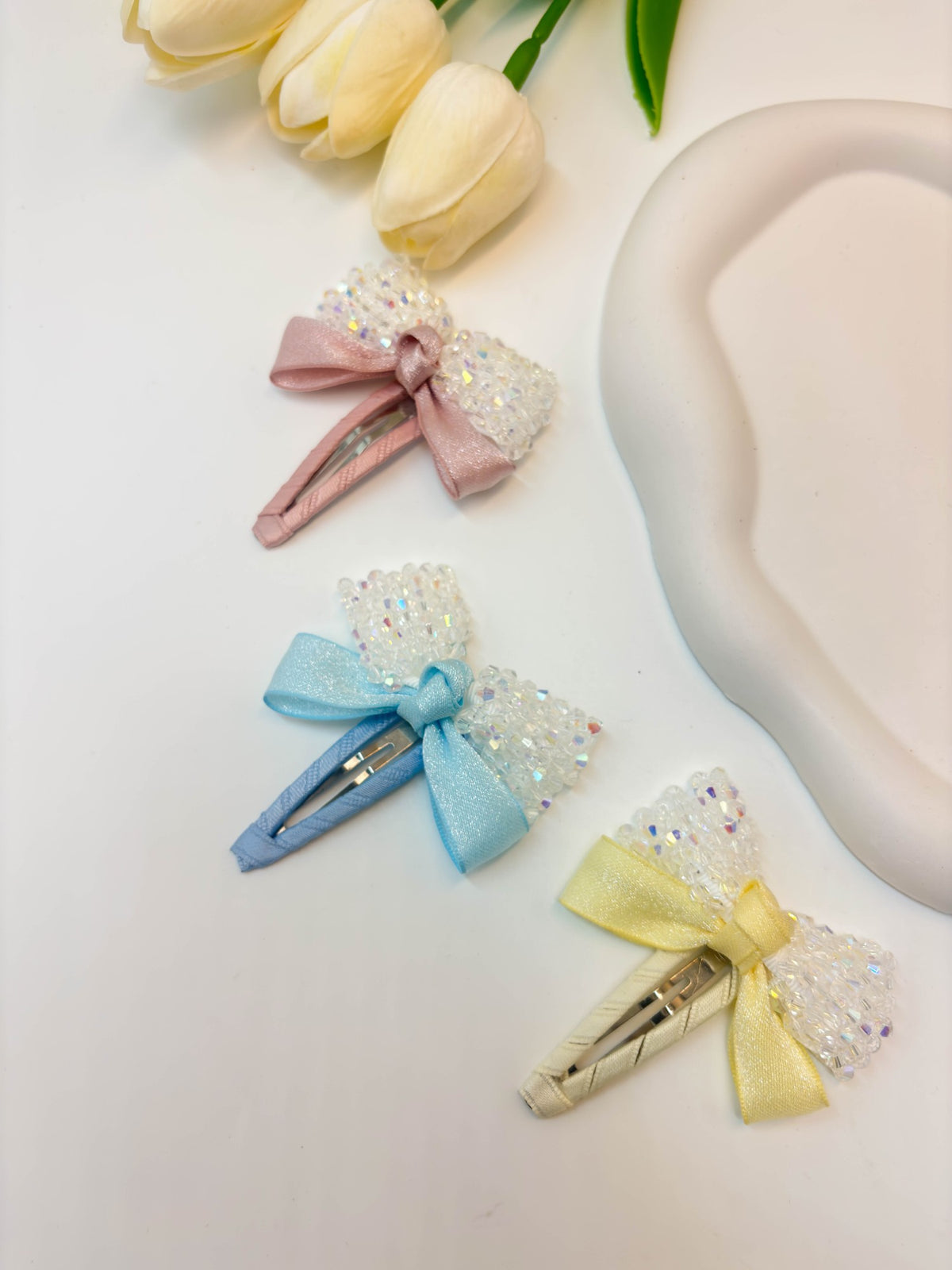 Korean Crystal Beaded Bow Snap Hair Clip