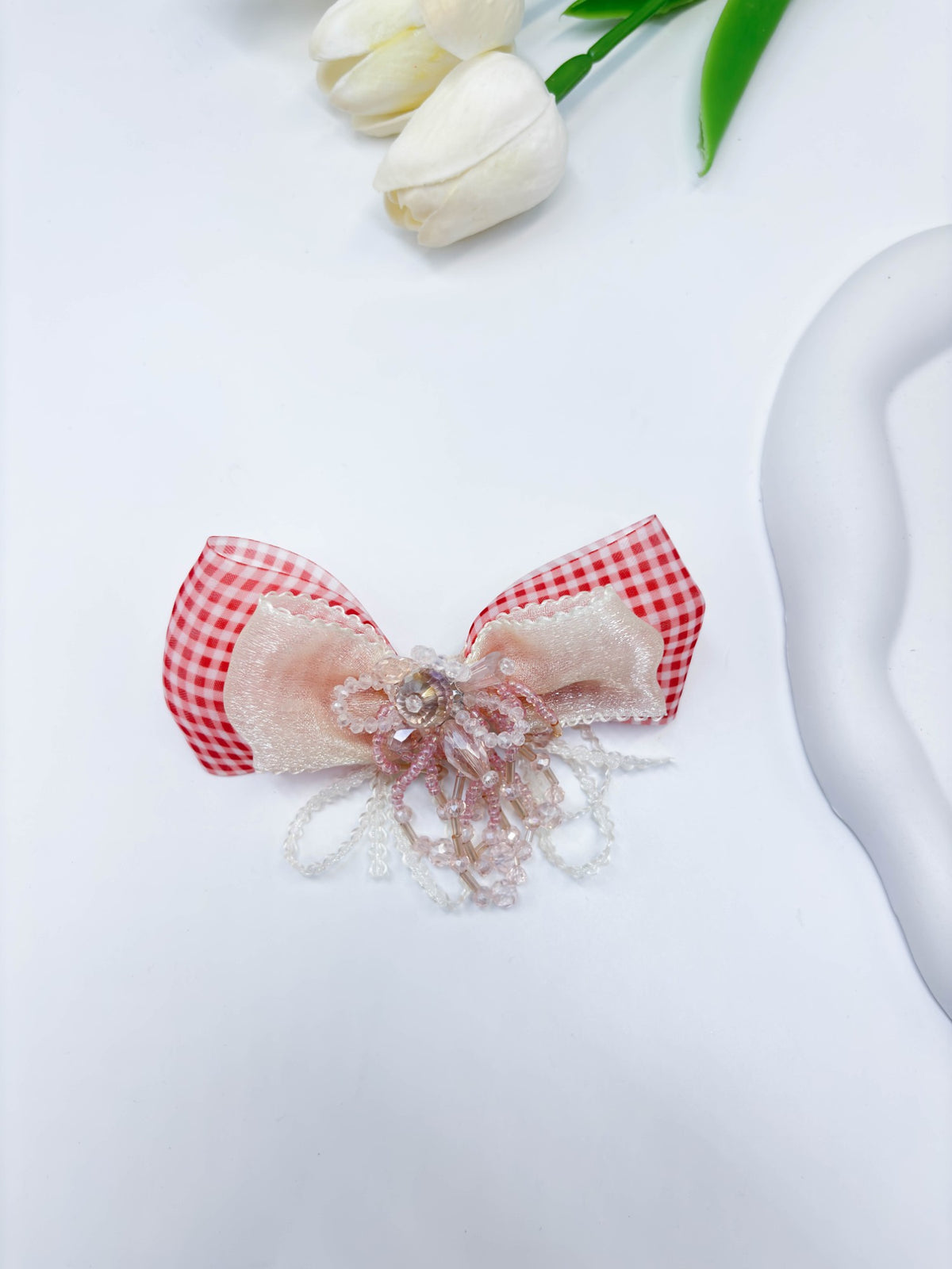 Gingham & Beaded Tassel Ribbon Bow Hair Clip