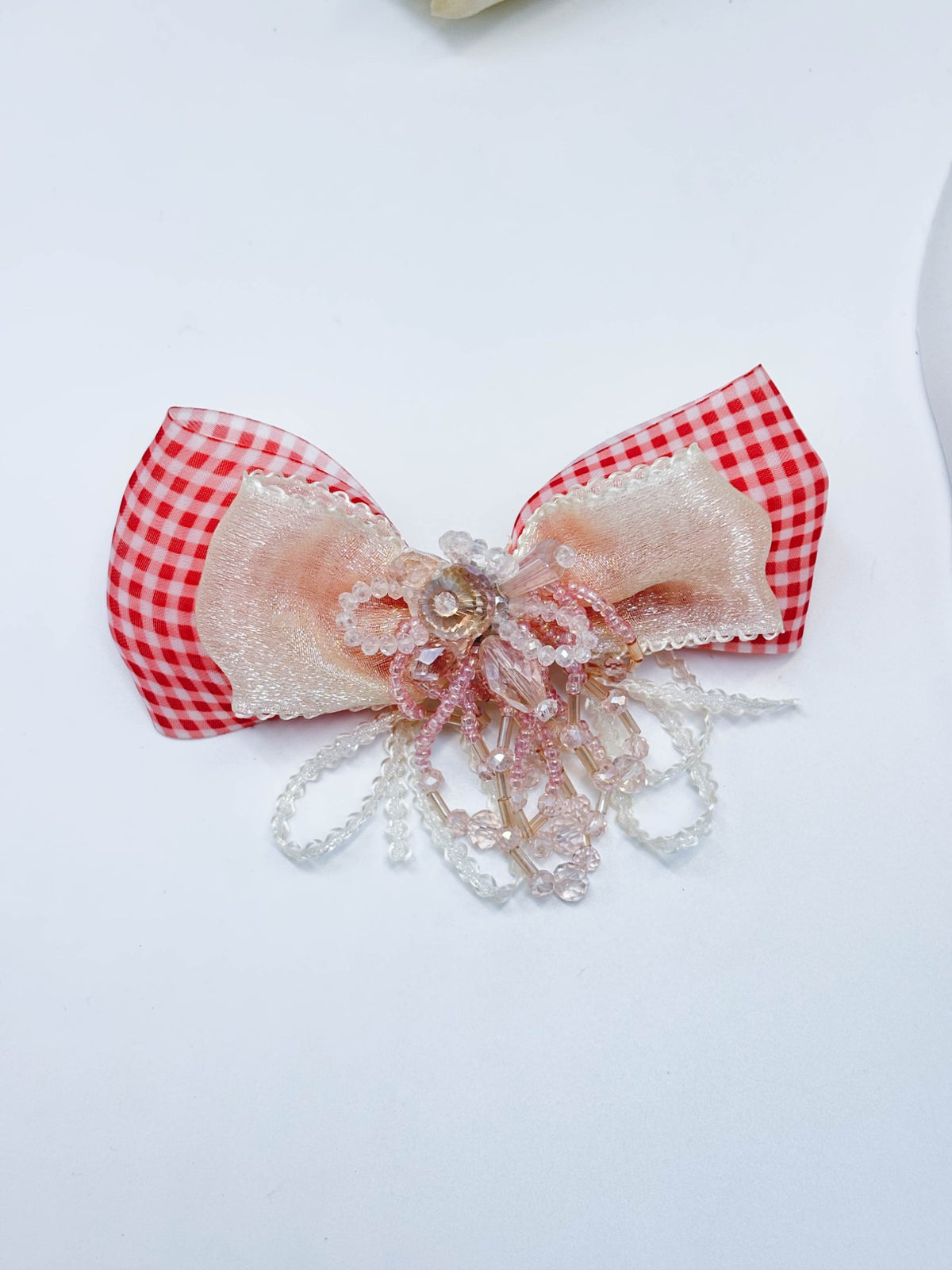 Gingham & Beaded Tassel Ribbon Bow Hair Clip