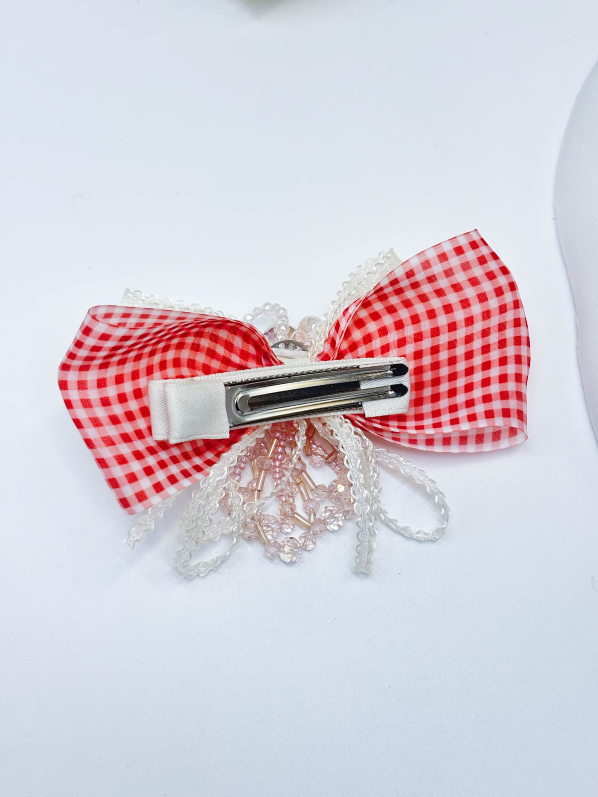 Gingham & Beaded Tassel Ribbon Bow Hair Clip