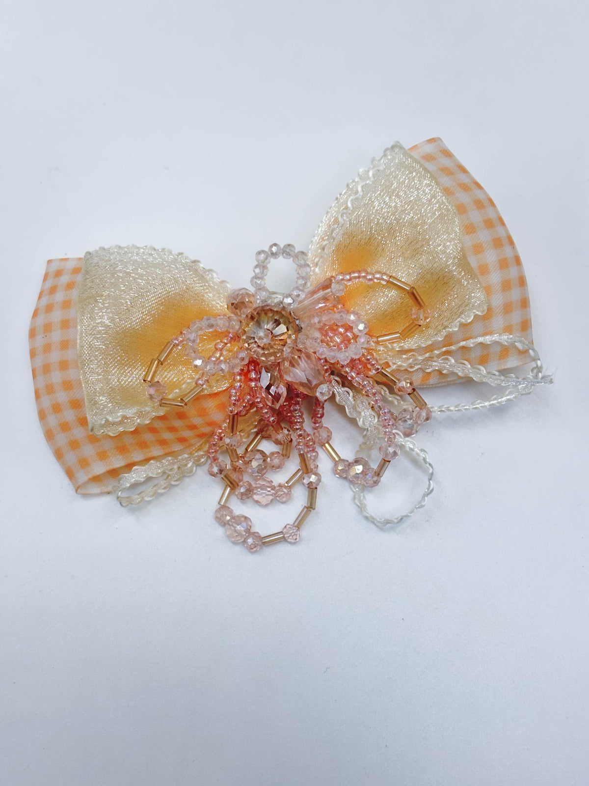 Gingham & Beaded Tassel Ribbon Bow Hair Clip