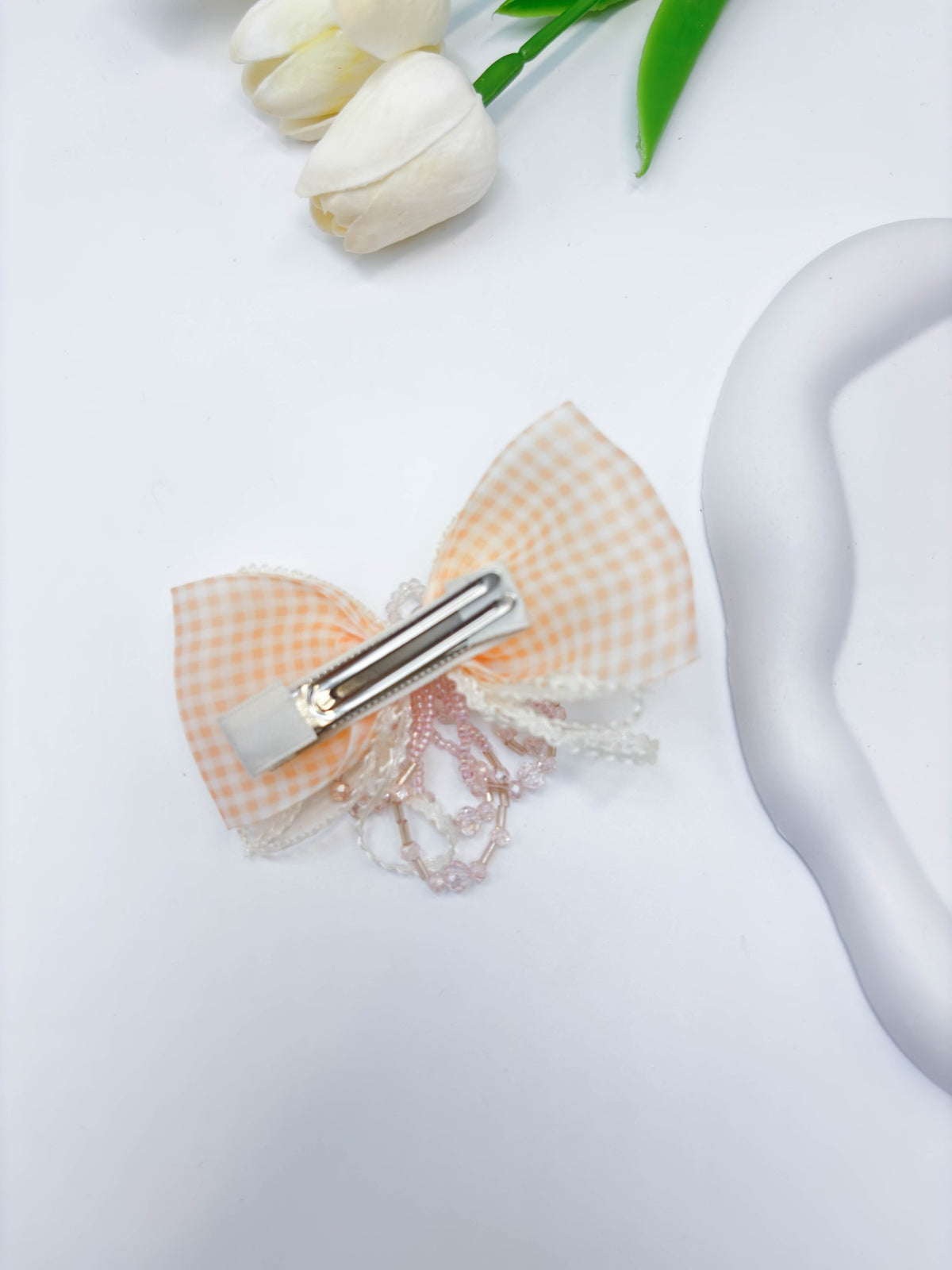 Gingham & Beaded Tassel Ribbon Bow Hair Clip