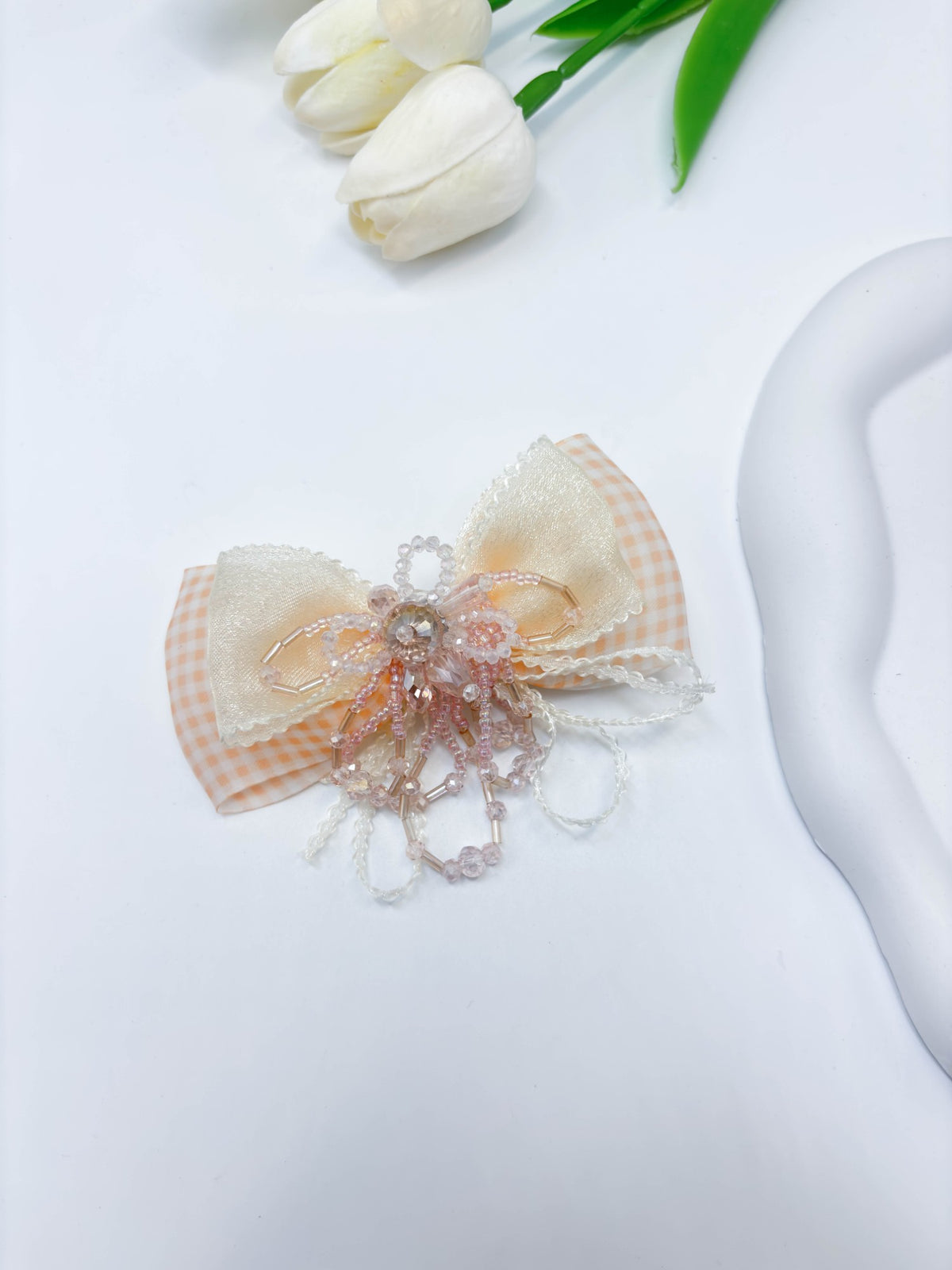 Gingham & Beaded Tassel Ribbon Bow Hair Clip