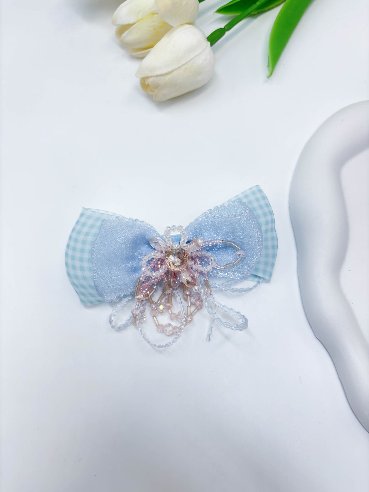 Gingham & Beaded Tassel Ribbon Bow Hair Clip