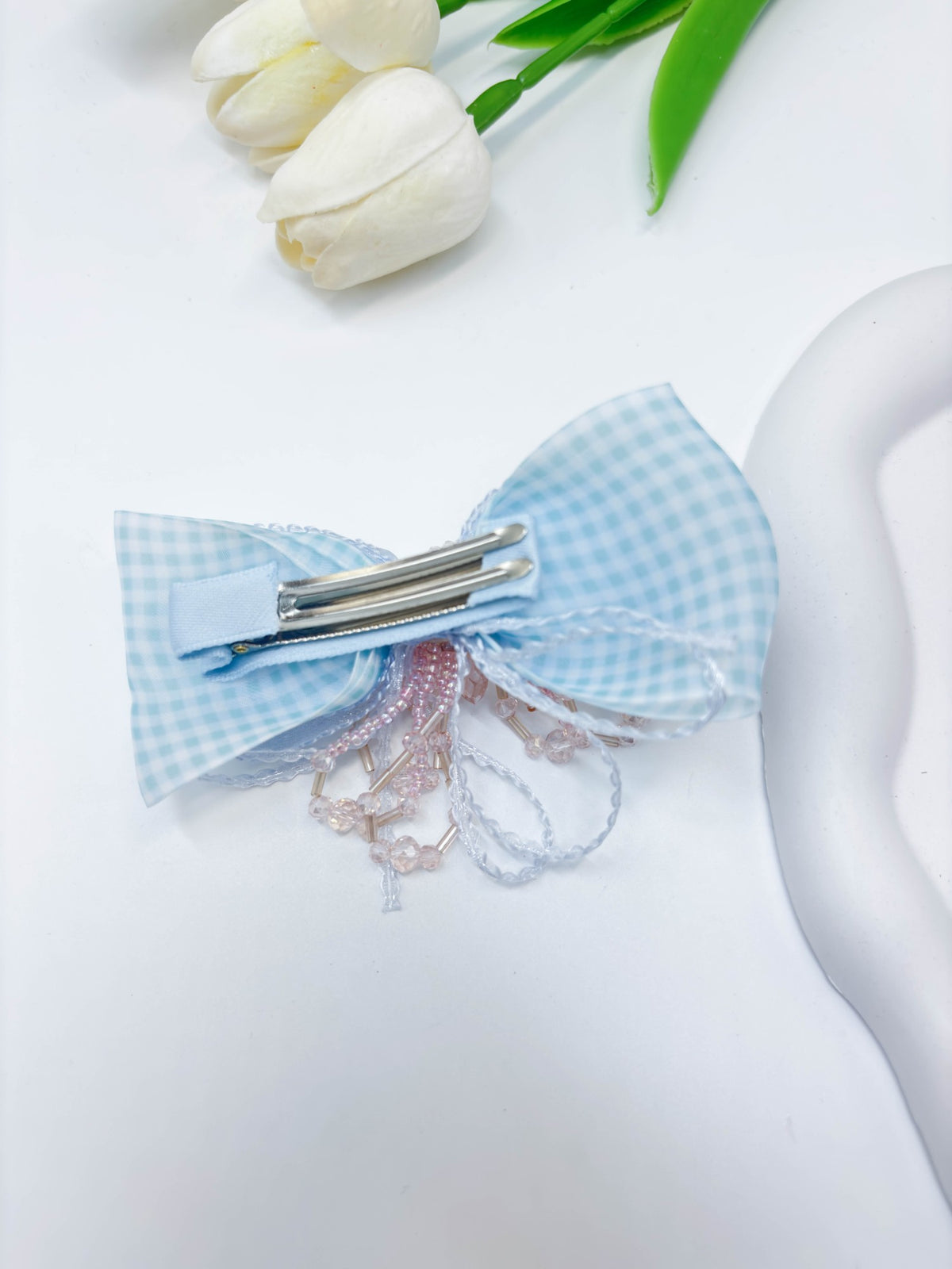 Gingham & Beaded Tassel Ribbon Bow Hair Clip