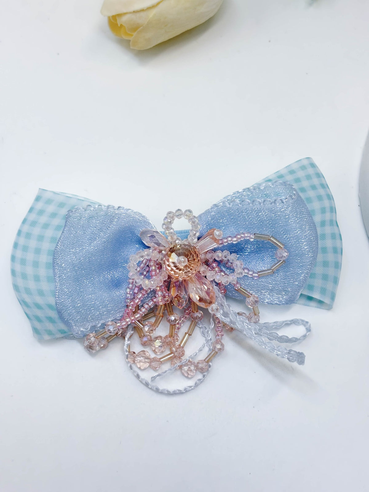 Gingham & Beaded Tassel Ribbon Bow Hair Clip