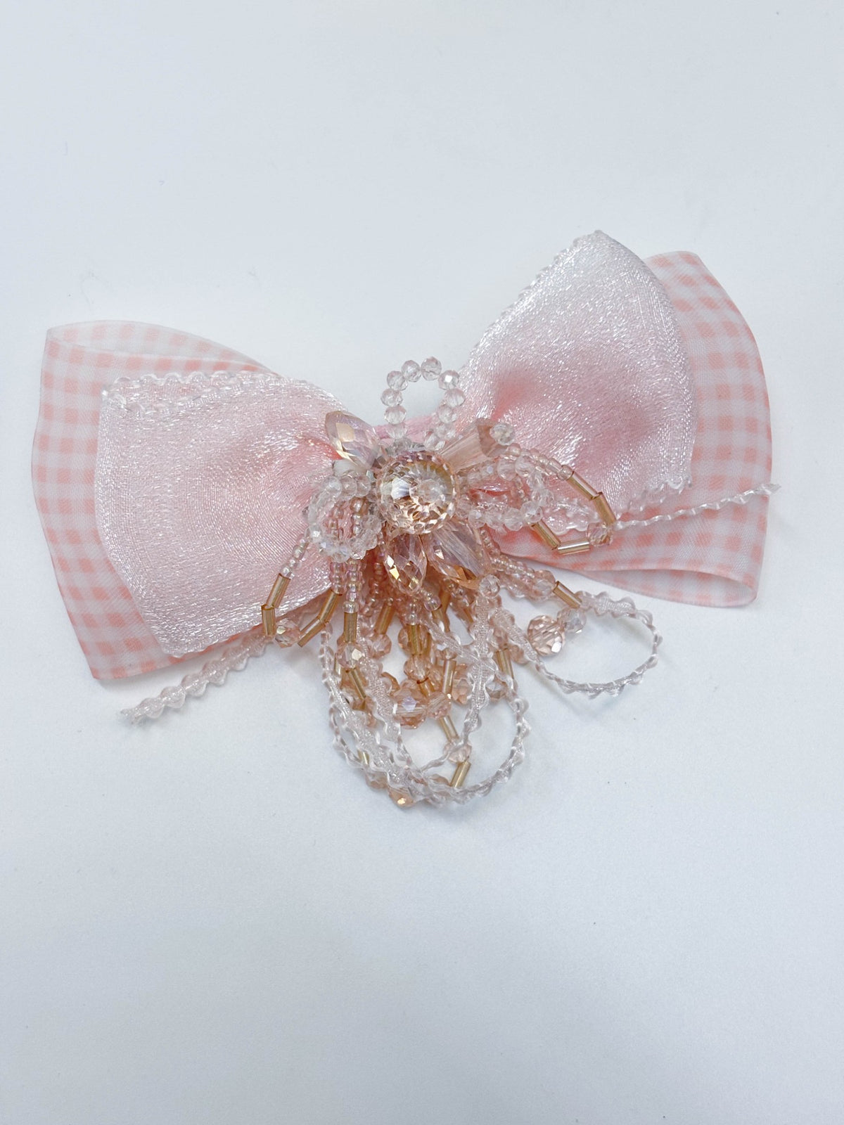 Gingham & Beaded Tassel Ribbon Bow Hair Clip