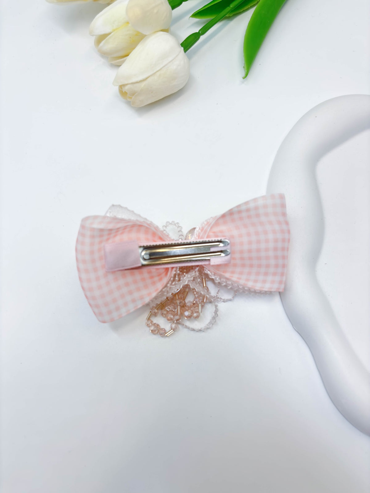 Gingham & Beaded Tassel Ribbon Bow Hair Clip