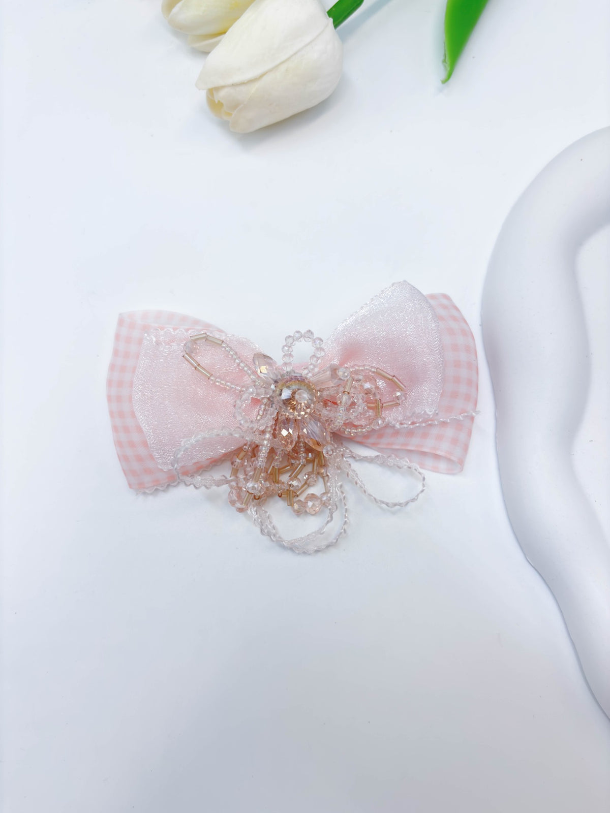 Gingham & Beaded Tassel Ribbon Bow Hair Clip