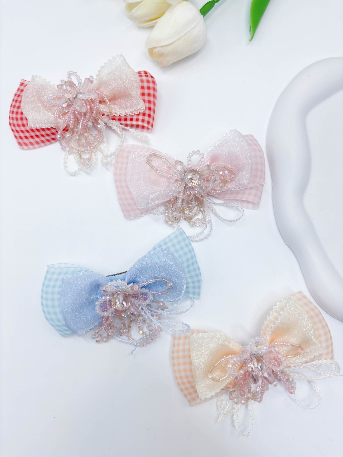 Gingham & Beaded Tassel Ribbon Bow Hair Clip