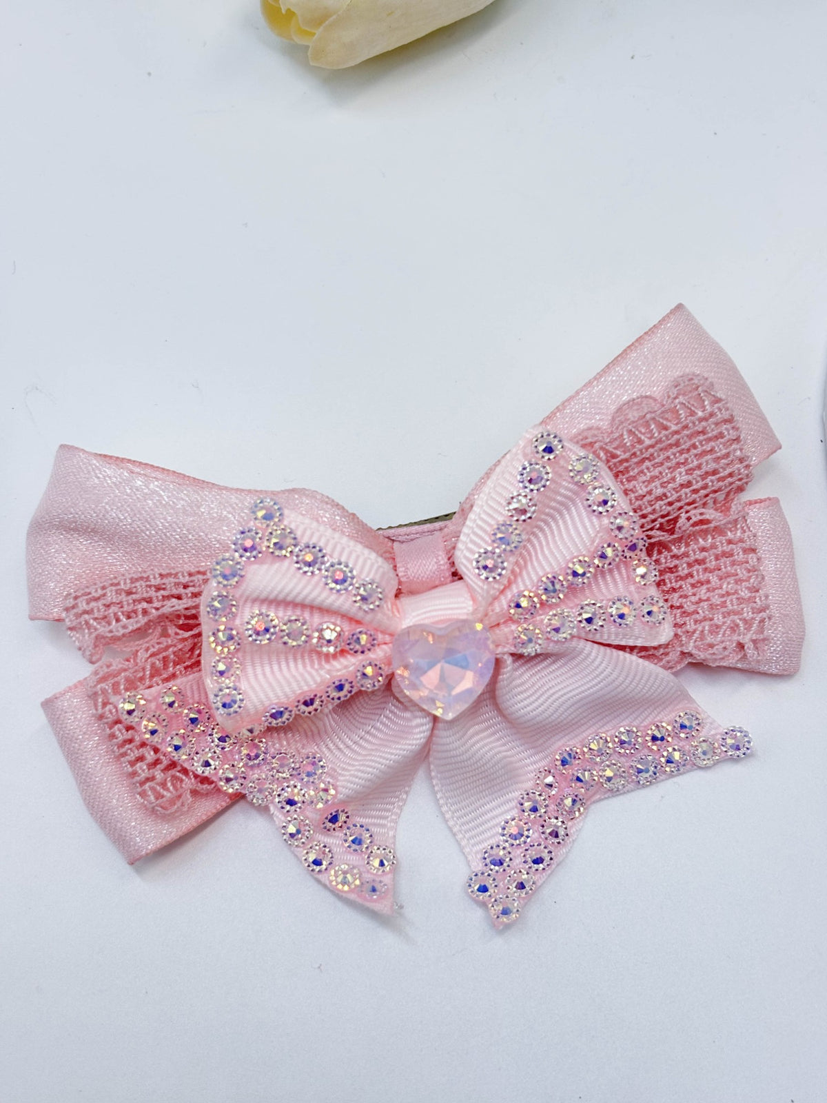 Lace Trimmed Rhinestone Ribbon Bow Hair Clip