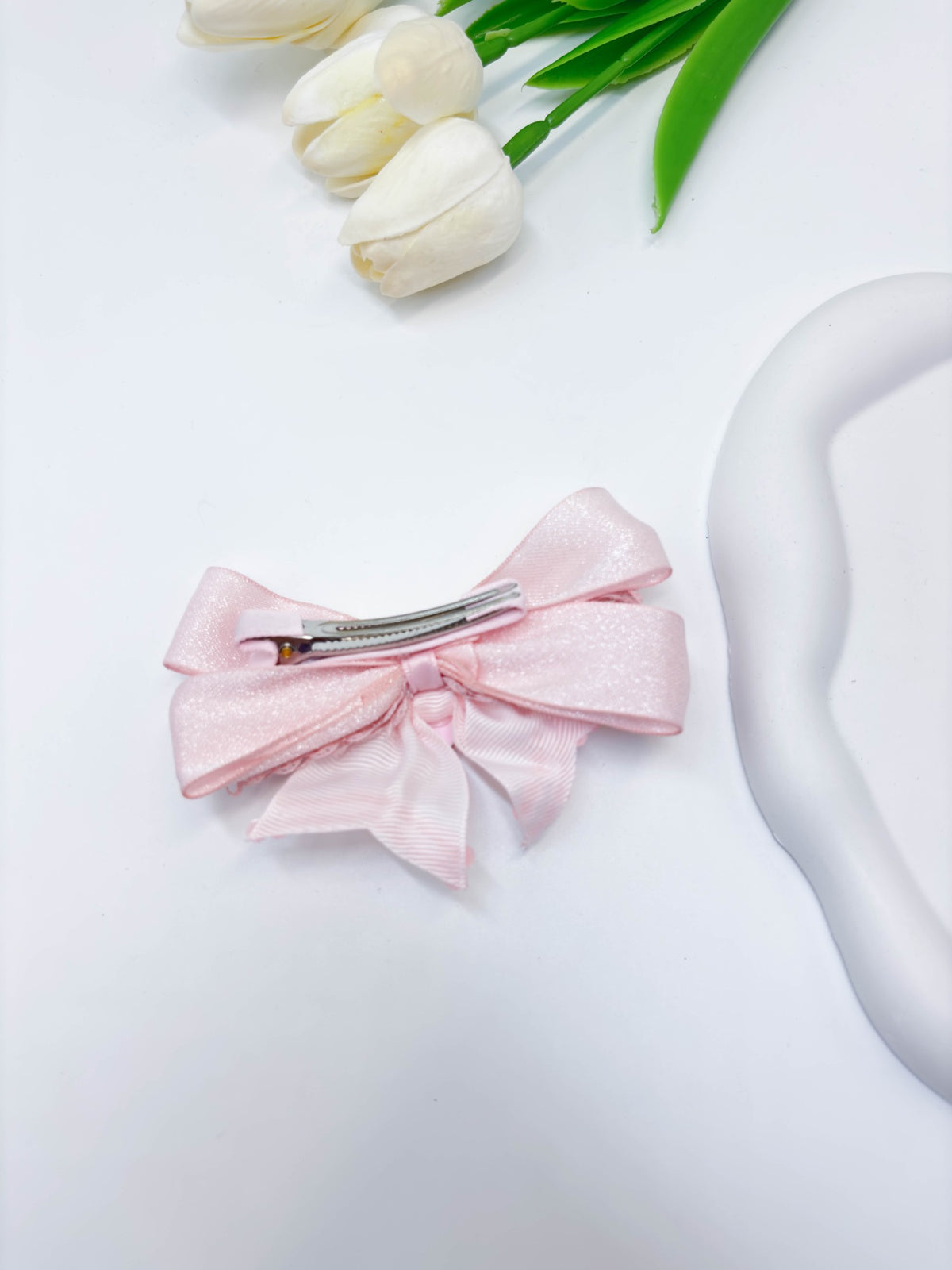 Lace Trimmed Rhinestone Ribbon Bow Hair Clip