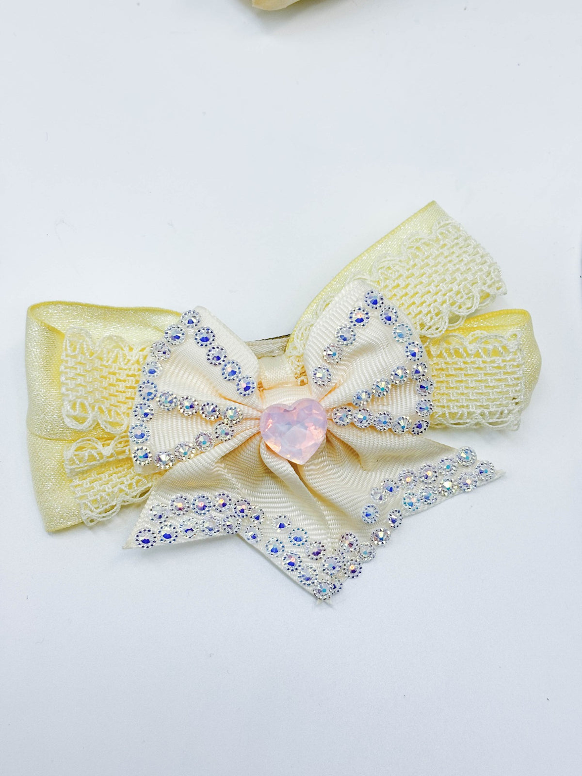 Lace Trimmed Rhinestone Ribbon Bow Hair Clip