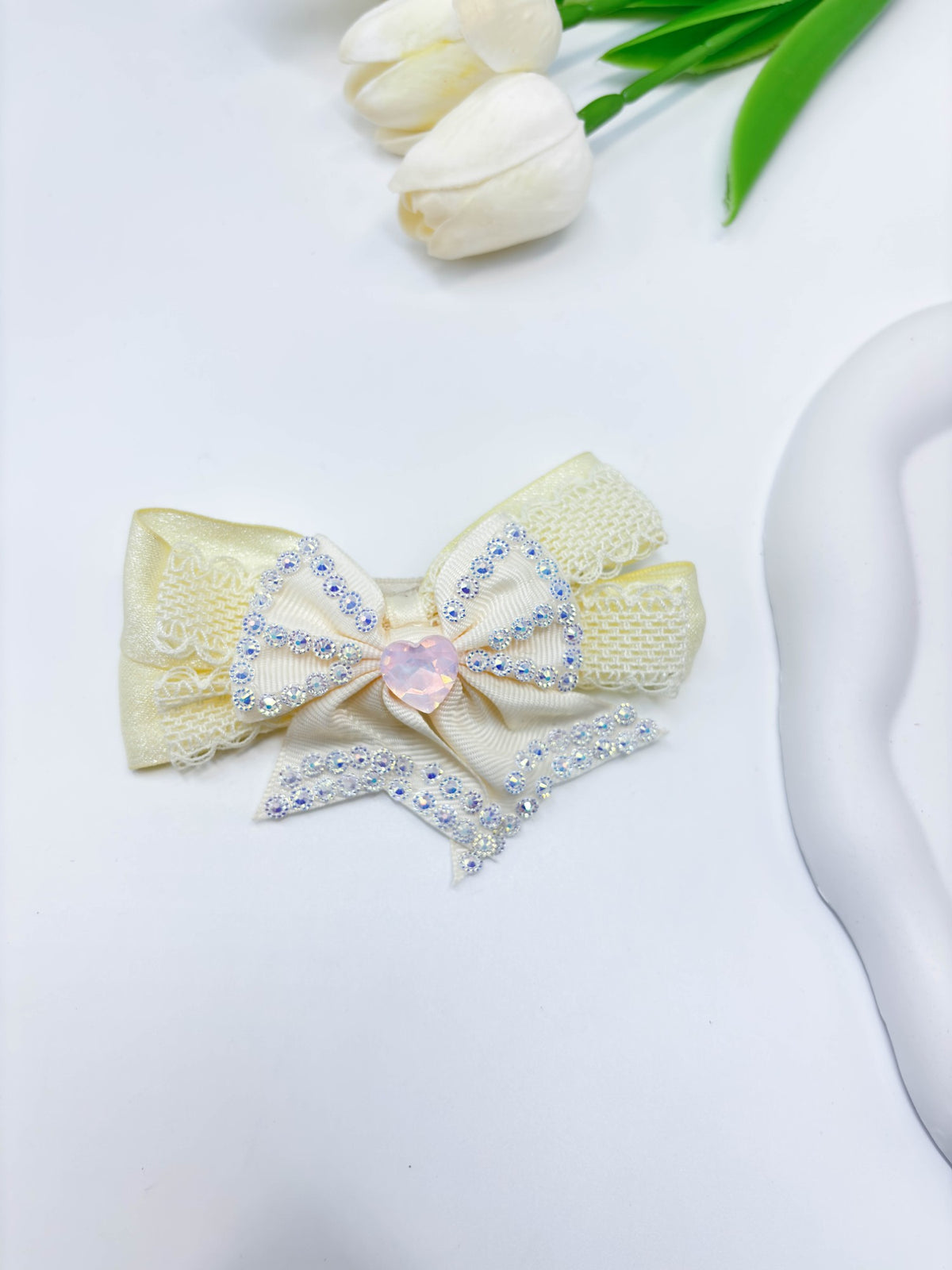 Lace Trimmed Rhinestone Ribbon Bow Hair Clip