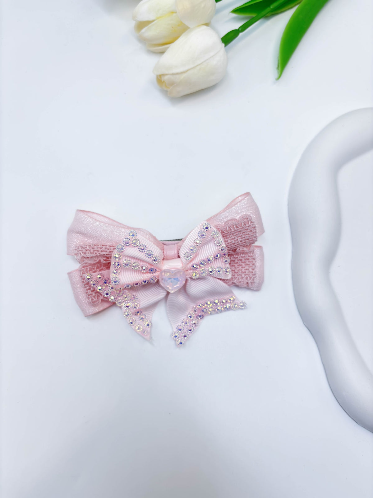 Lace Trimmed Rhinestone Ribbon Bow Hair Clip