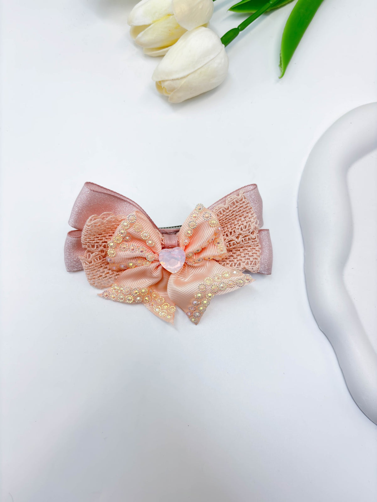 Lace Trimmed Rhinestone Ribbon Bow Hair Clip