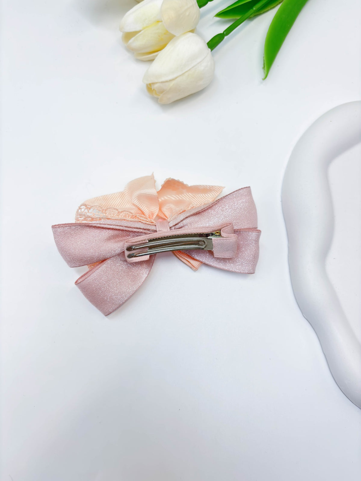 Lace Trimmed Rhinestone Ribbon Bow Hair Clip