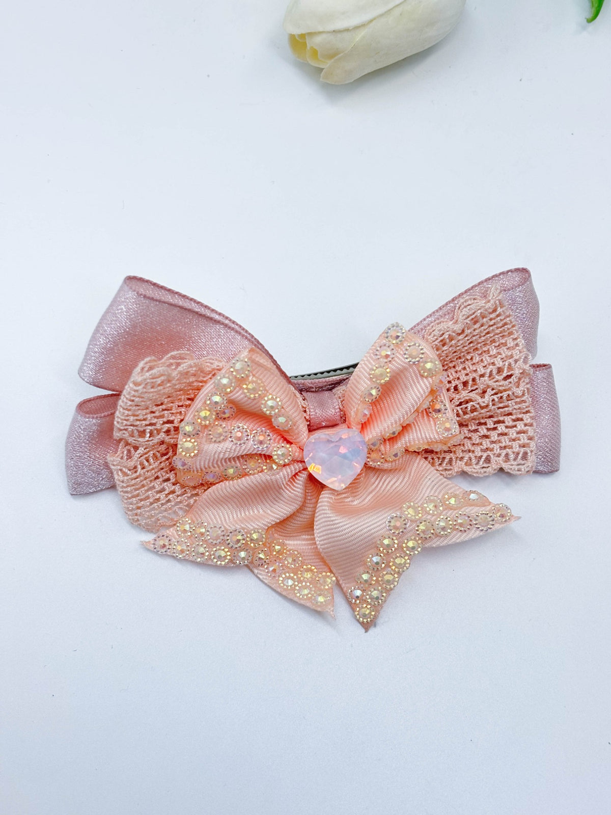 Lace Trimmed Rhinestone Ribbon Bow Hair Clip
