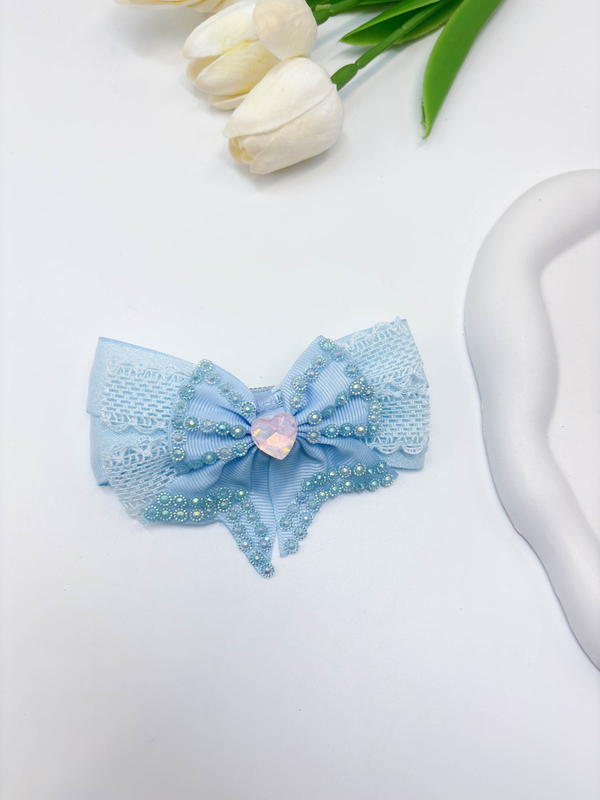 Lace Trimmed Rhinestone Ribbon Bow Hair Clip