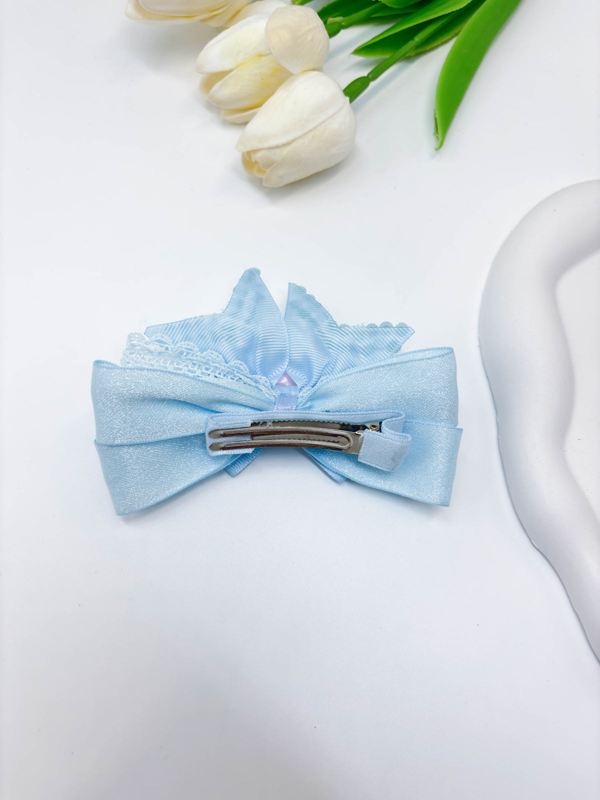 Lace Trimmed Rhinestone Ribbon Bow Hair Clip