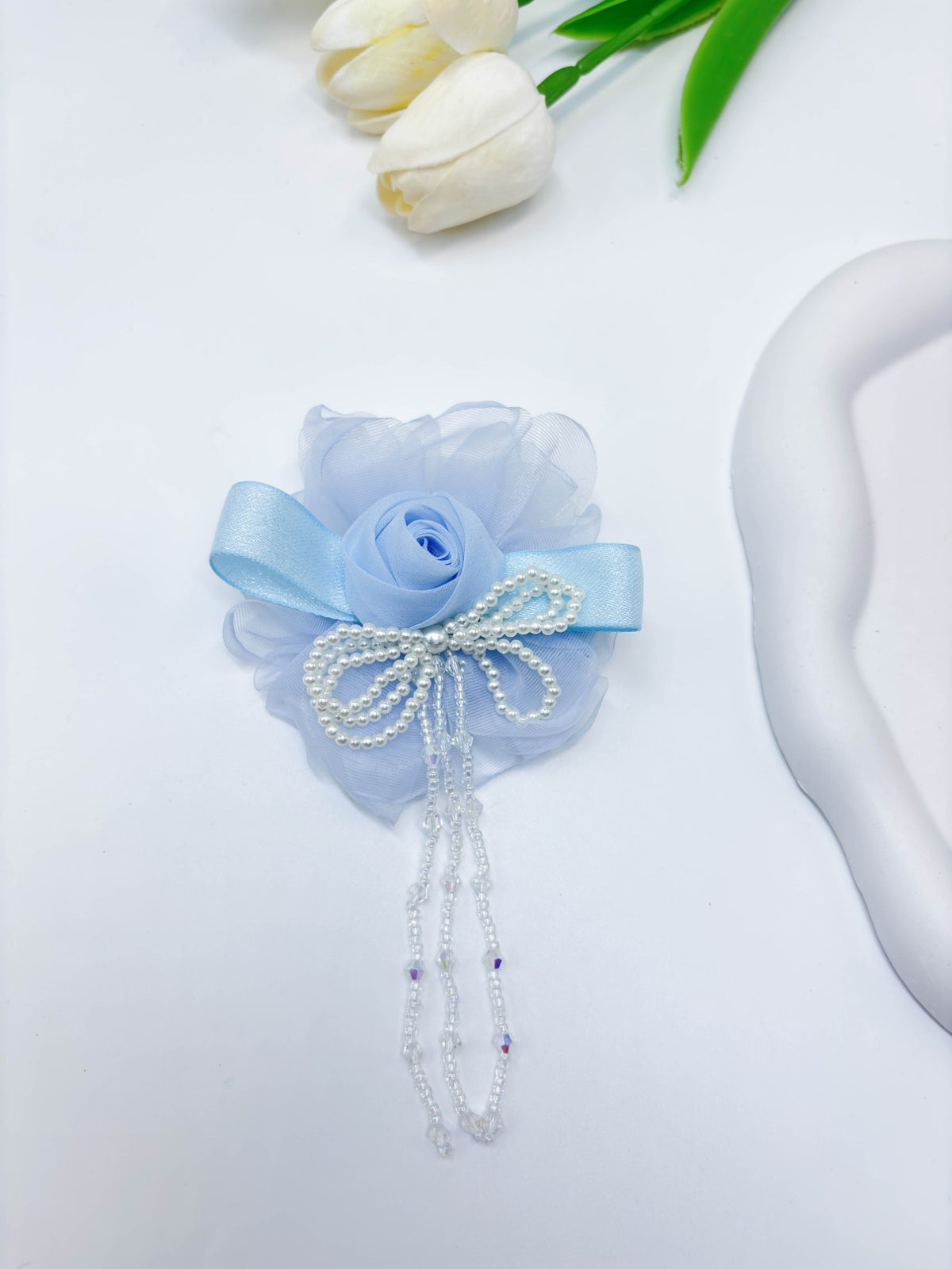 Organza Flower & Pearl Tassel Hair Clip