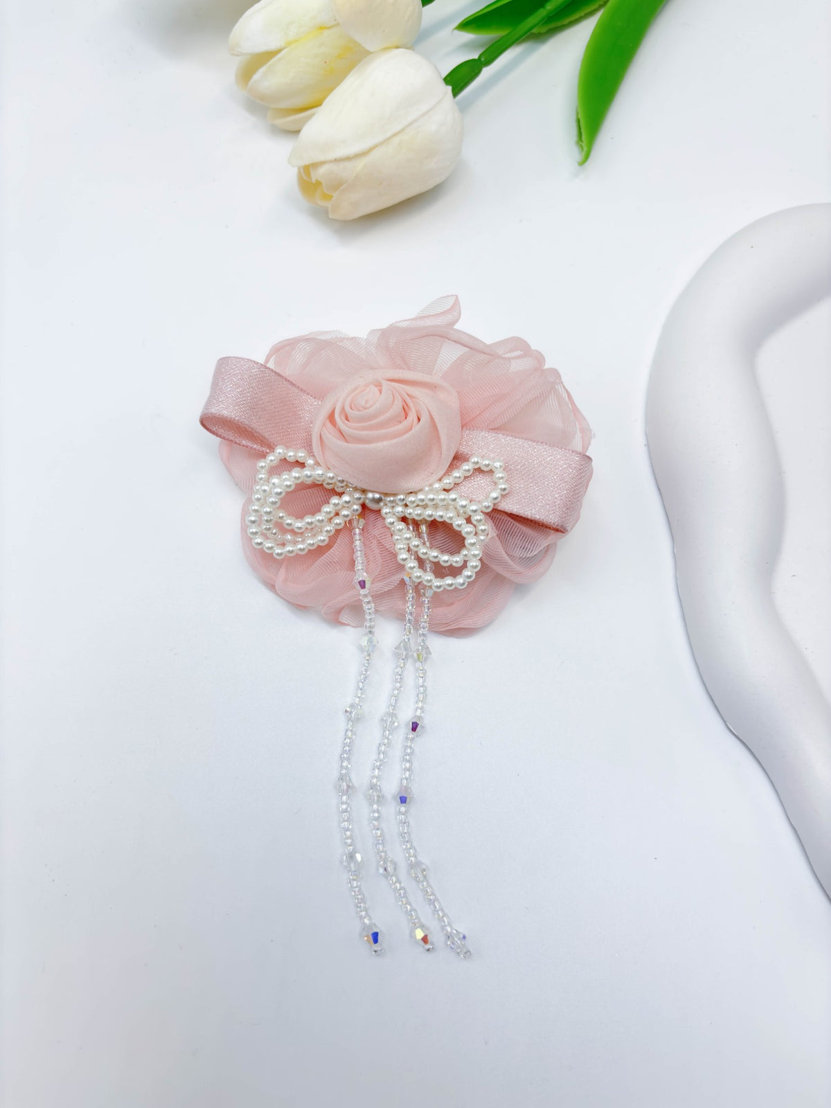Organza Flower & Pearl Tassel Hair Clip
