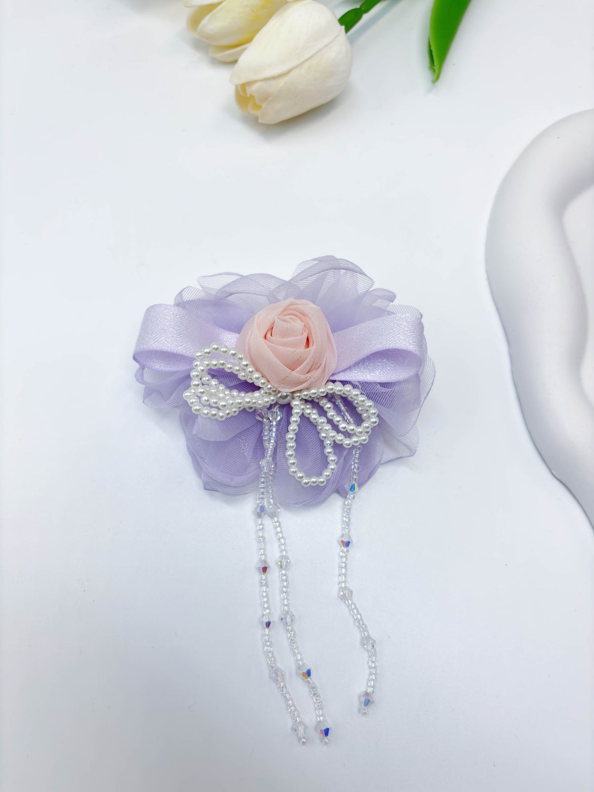 Organza Flower & Pearl Tassel Hair Clip