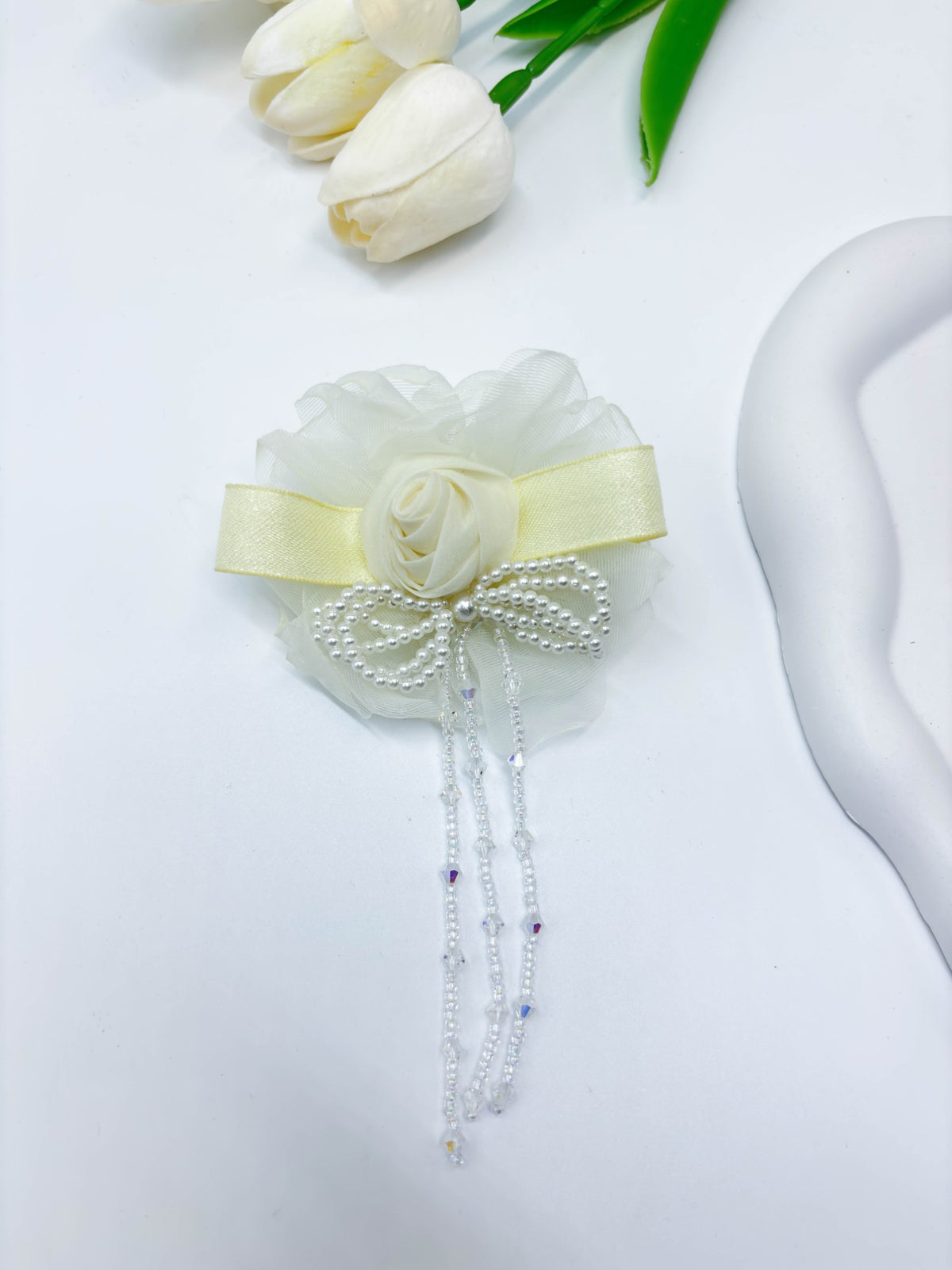 Organza Flower & Pearl Tassel Hair Clip