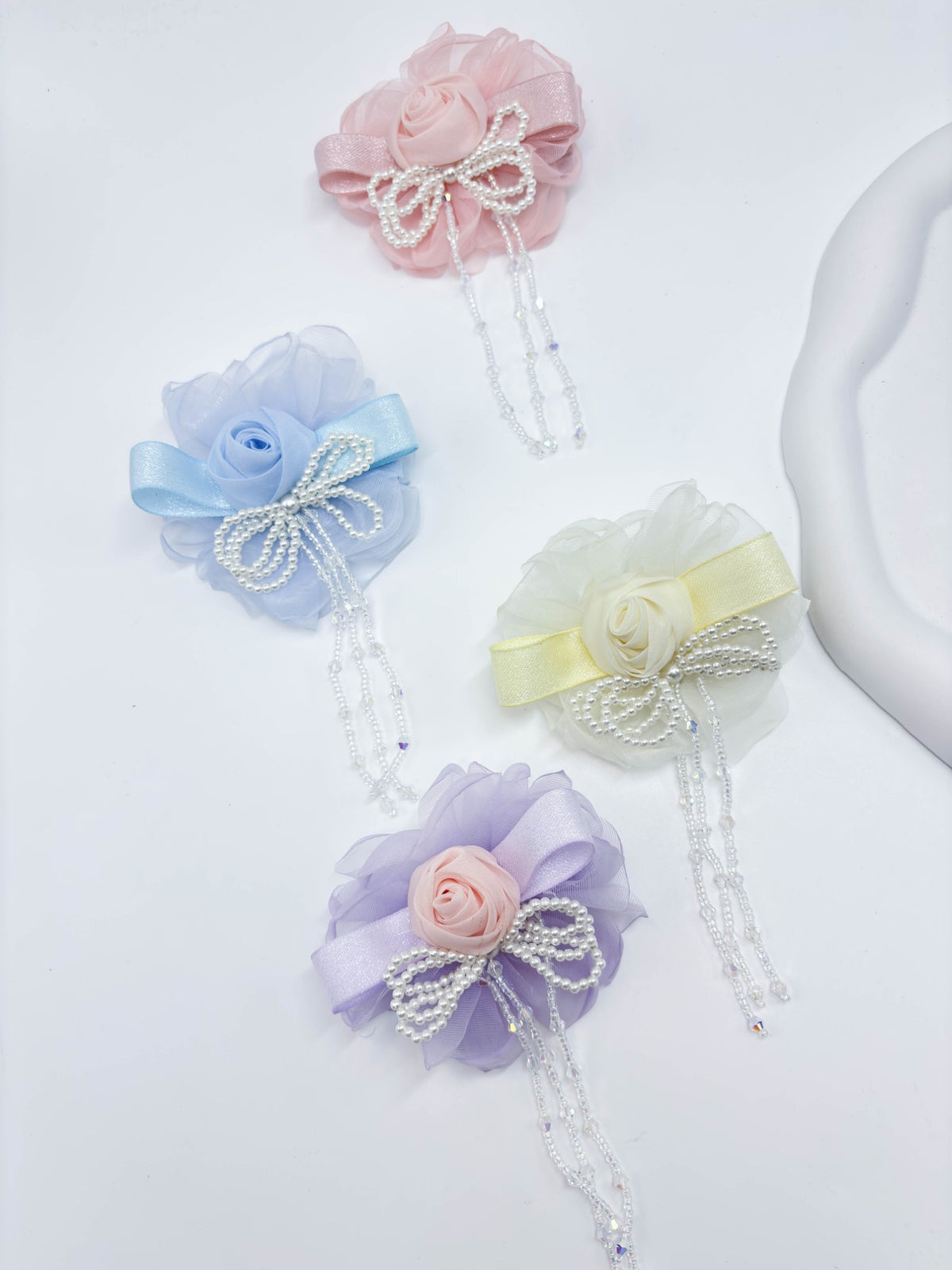 Organza Flower & Pearl Tassel Hair Clip