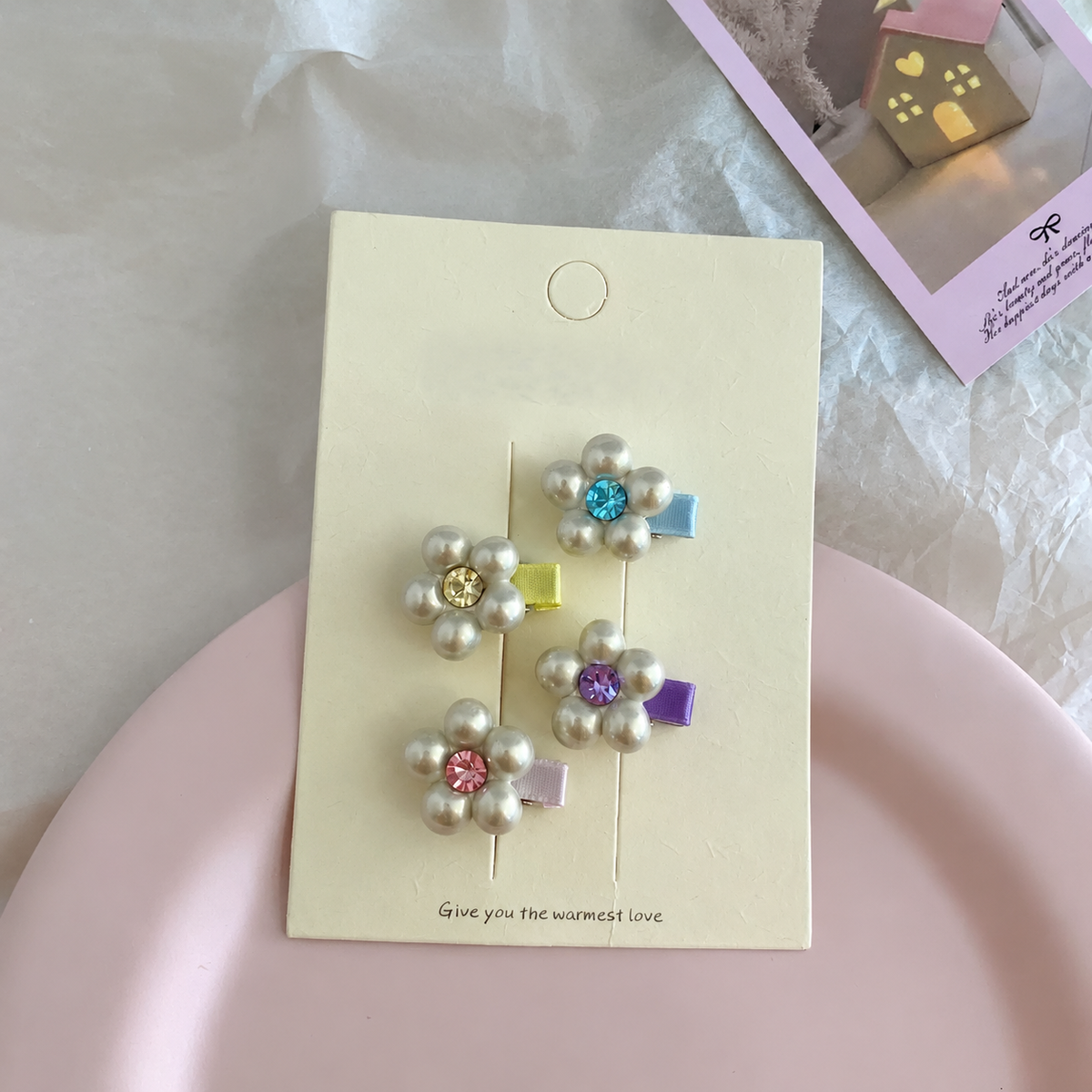 Mini Pearl Flower & Colorful Rhinestone Hair Clip Set