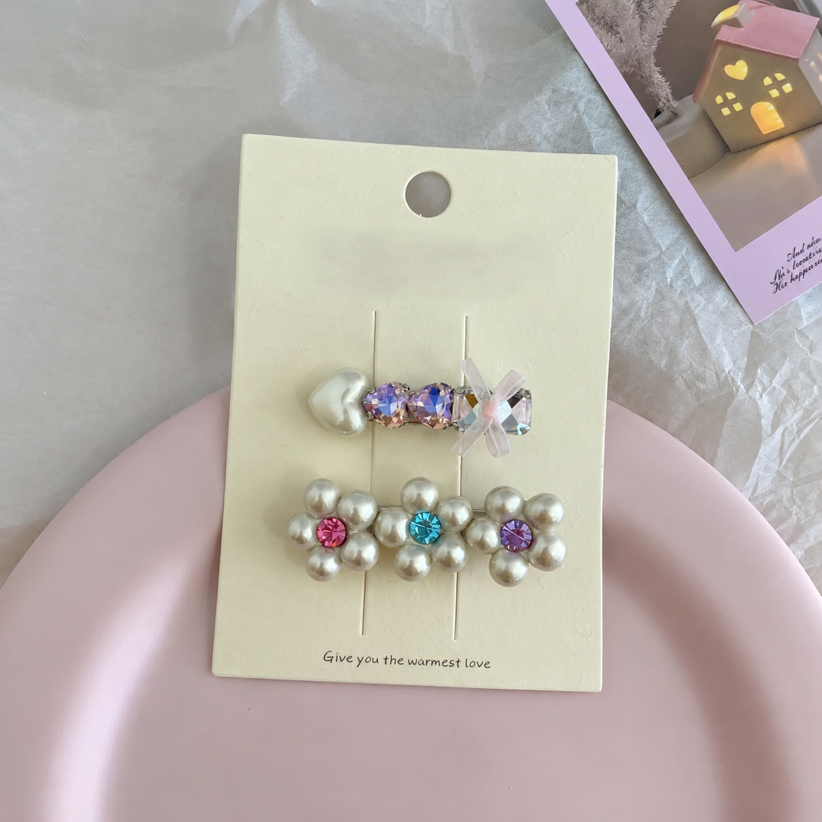 Mini Pearl Flower & Rhinestone Arrow Hair Clip Set