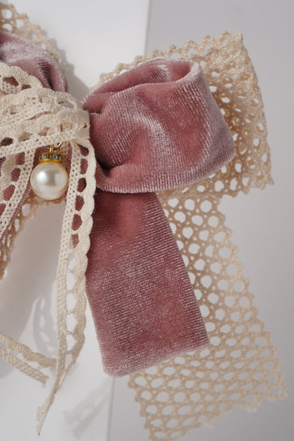 Velvet Alligator Clip with Lace Bow & Pearl Elegant Hair Accessory for Girls