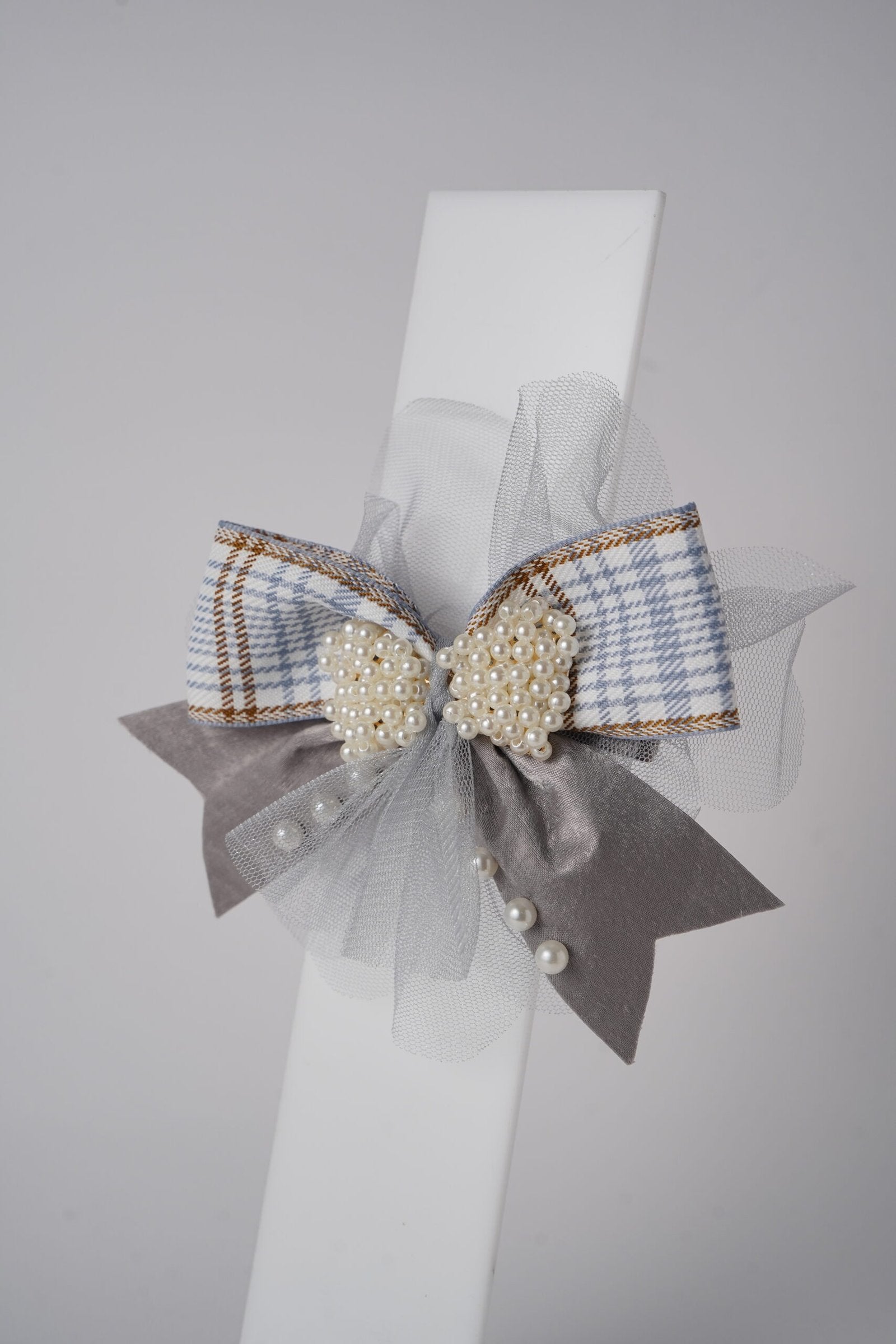 Pearl Bow Hair Clip with Tulle & Plaid Ribbon Elegant Party Accessory for Girls