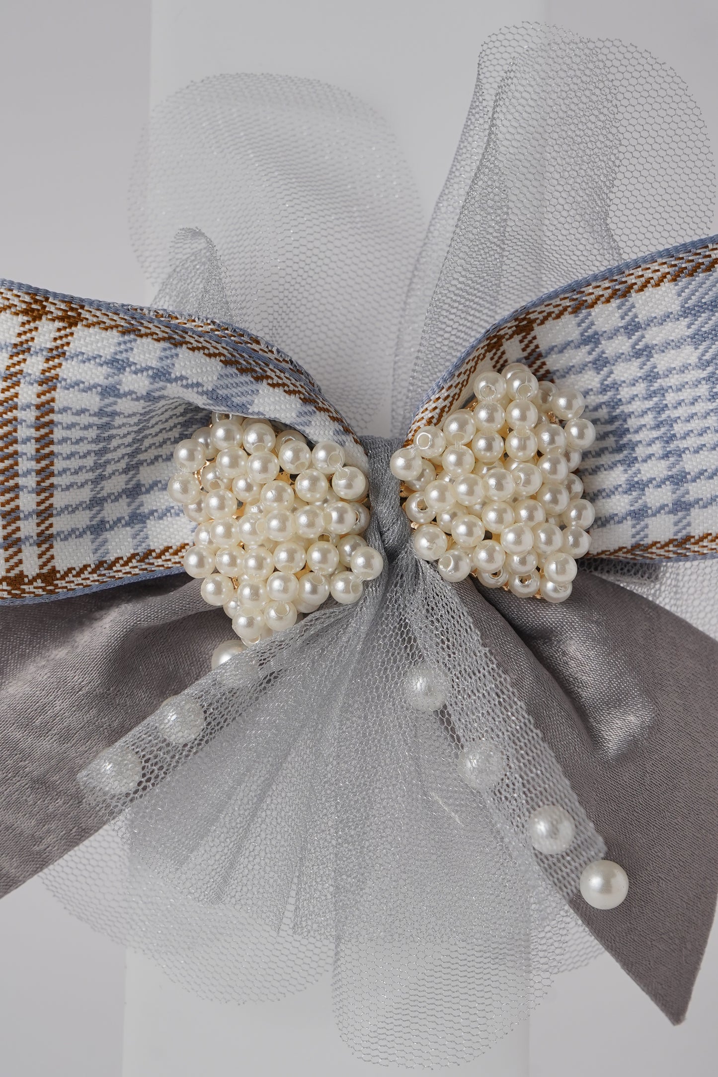 Pearl Bow Hair Clip with Tulle & Plaid Ribbon Elegant Party Accessory for Girls