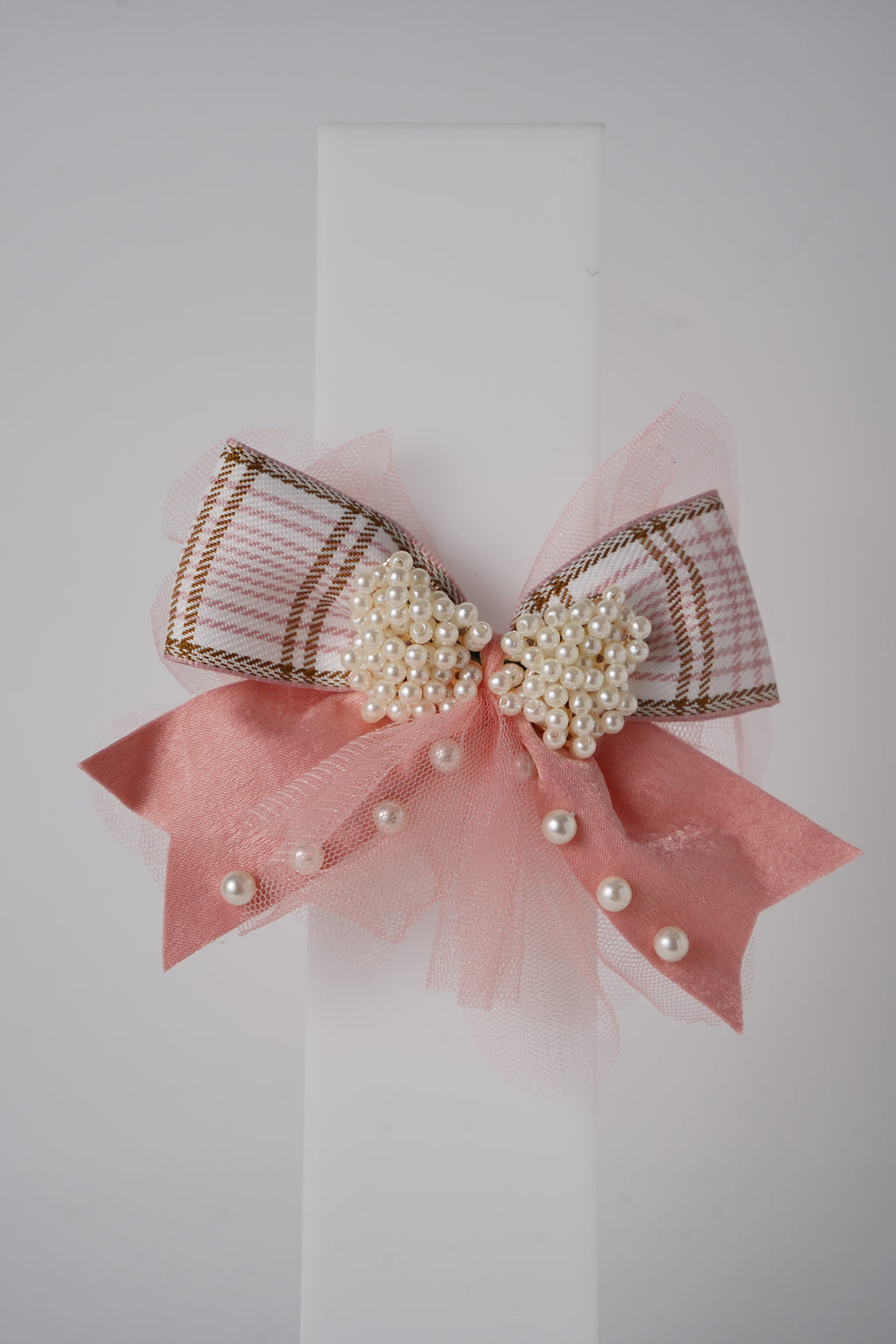 Pearl Bow Hair Clip with Tulle & Plaid Ribbon Elegant Party Accessory for Girls