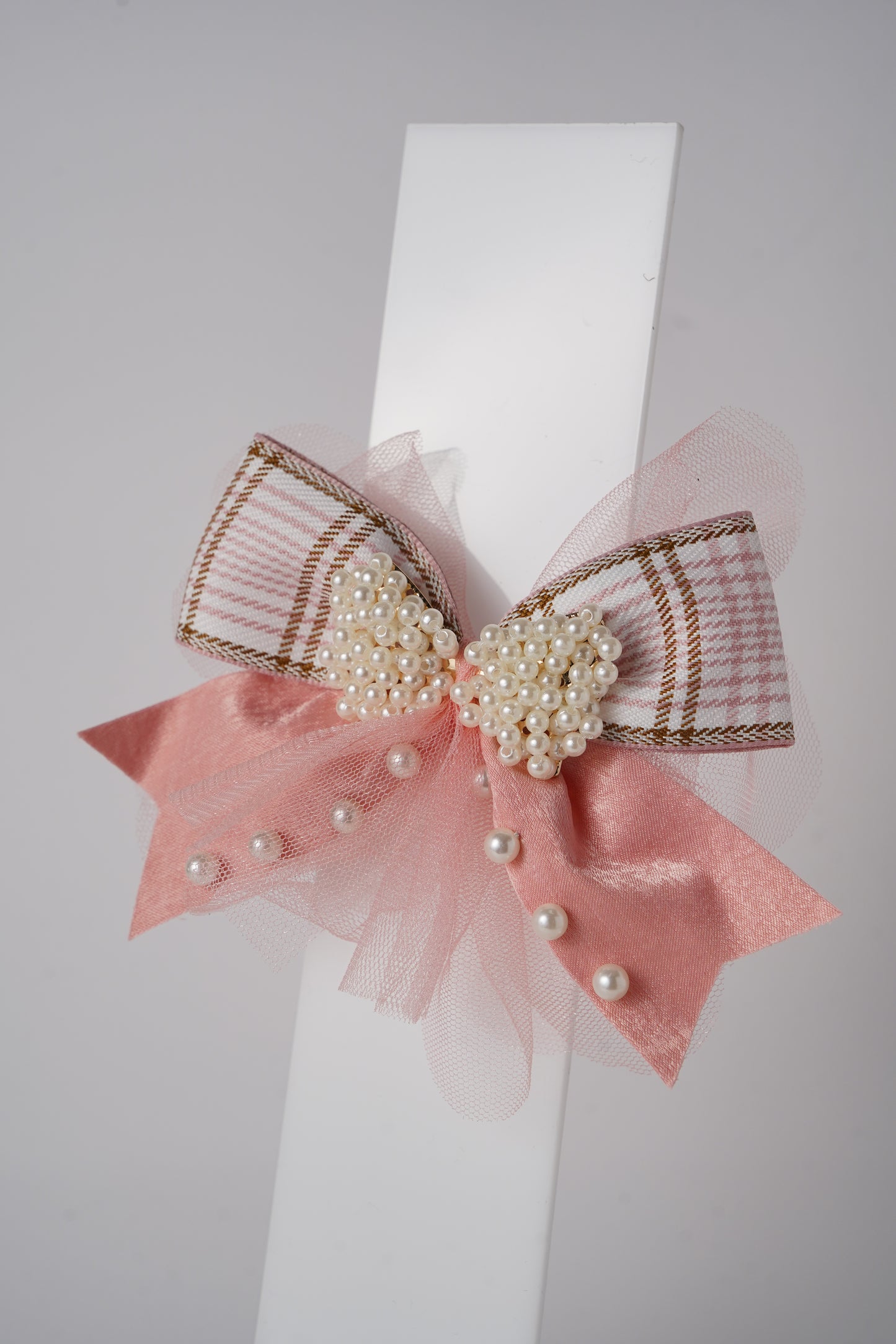 Pearl Bow Hair Clip with Tulle & Plaid Ribbon Elegant Party Accessory for Girls