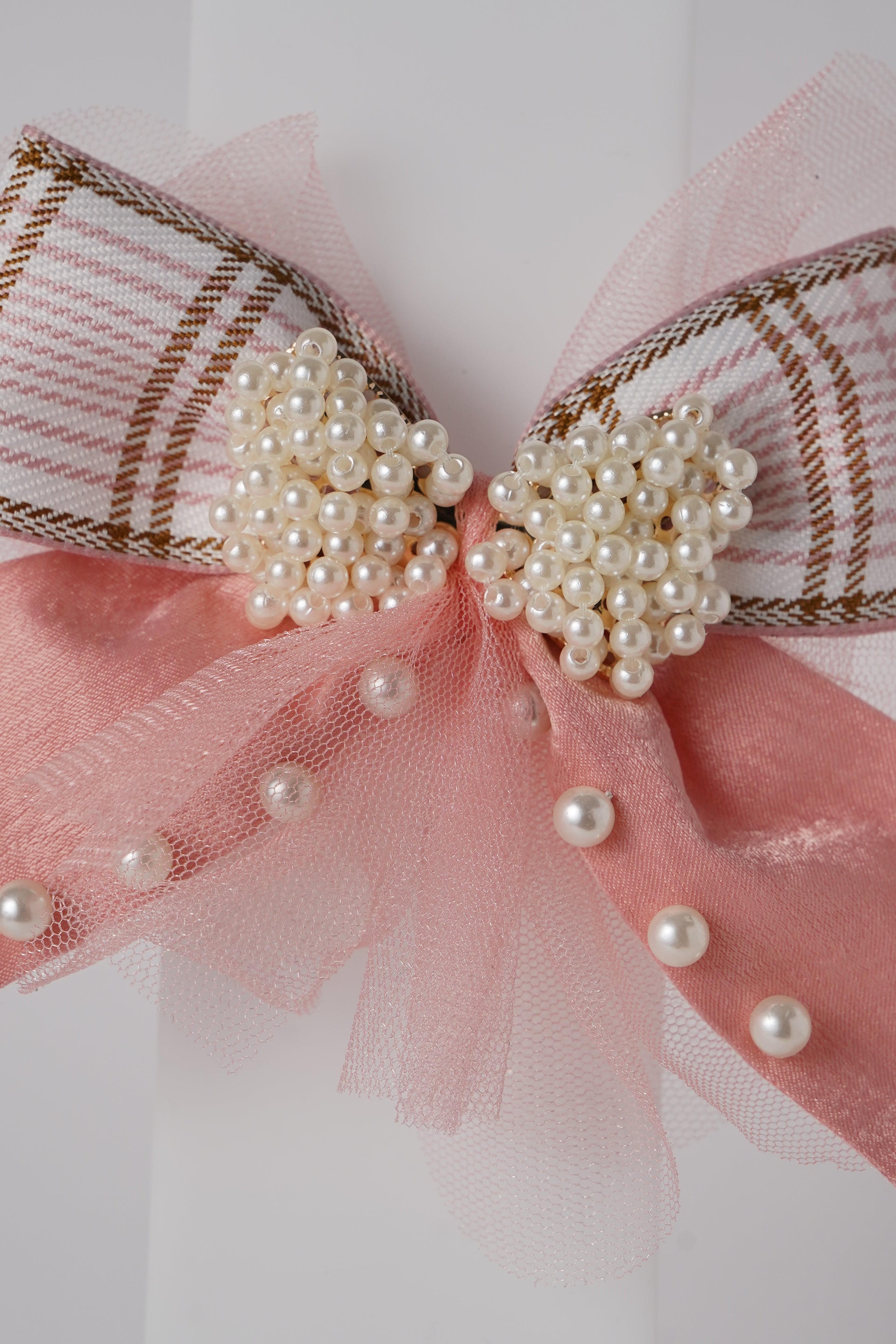 Pearl Bow Hair Clip with Tulle & Plaid Ribbon Elegant Party Accessory for Girls