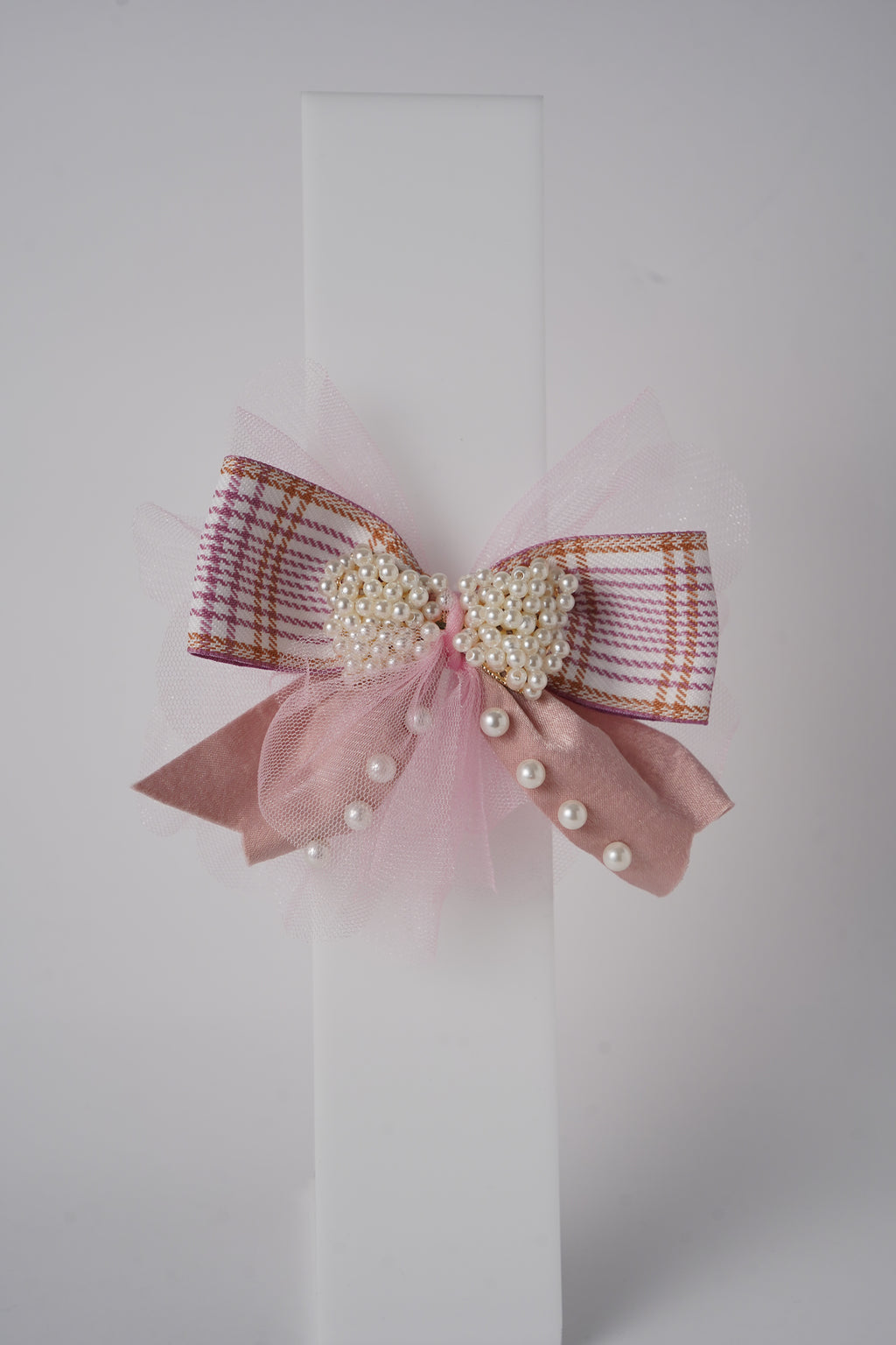 Pearl Bow Hair Clip with Tulle & Plaid Ribbon Elegant Party Accessory for Girls