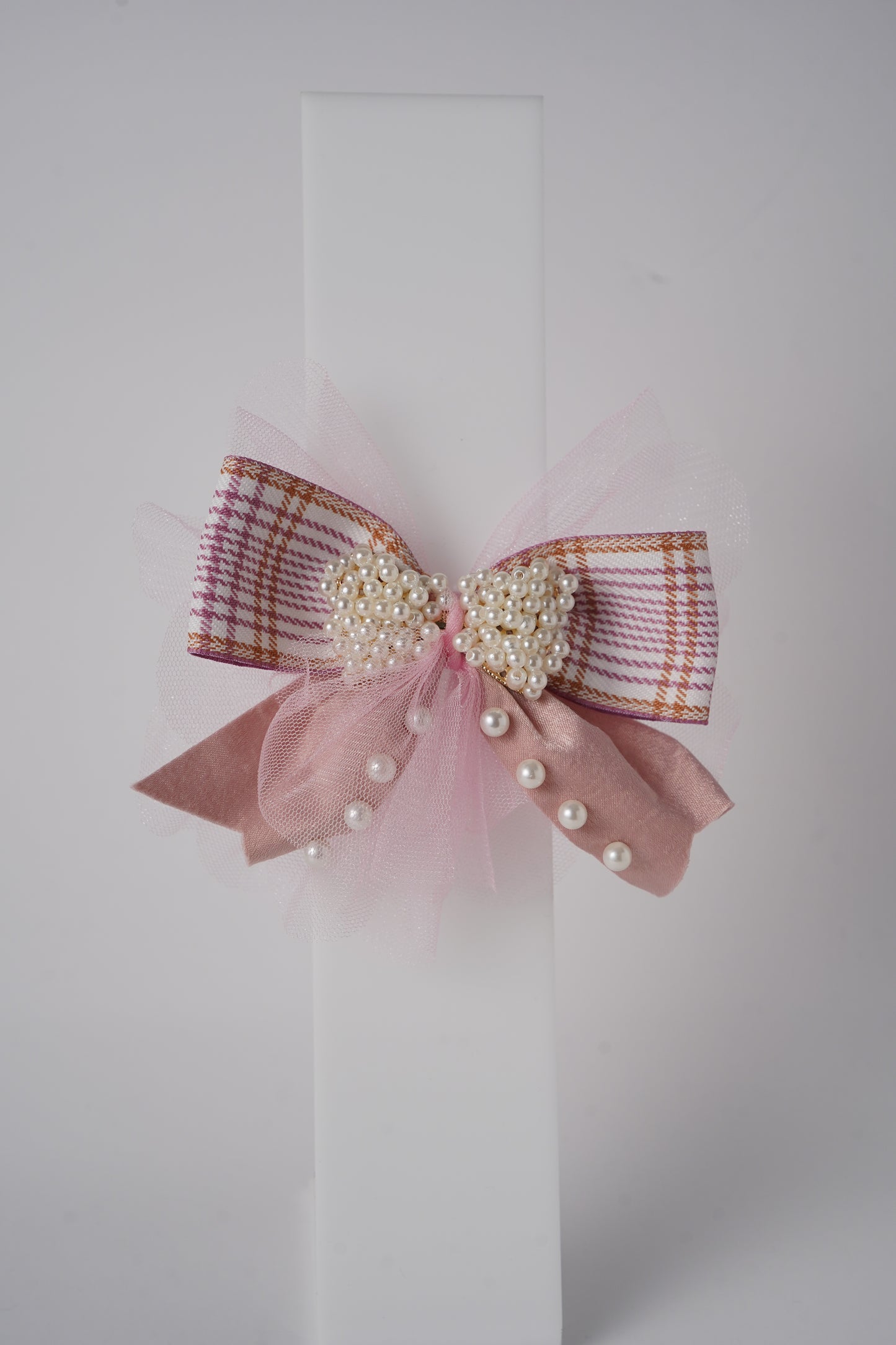Pearl Bow Hair Clip with Tulle & Plaid Ribbon Elegant Party Accessory for Girls