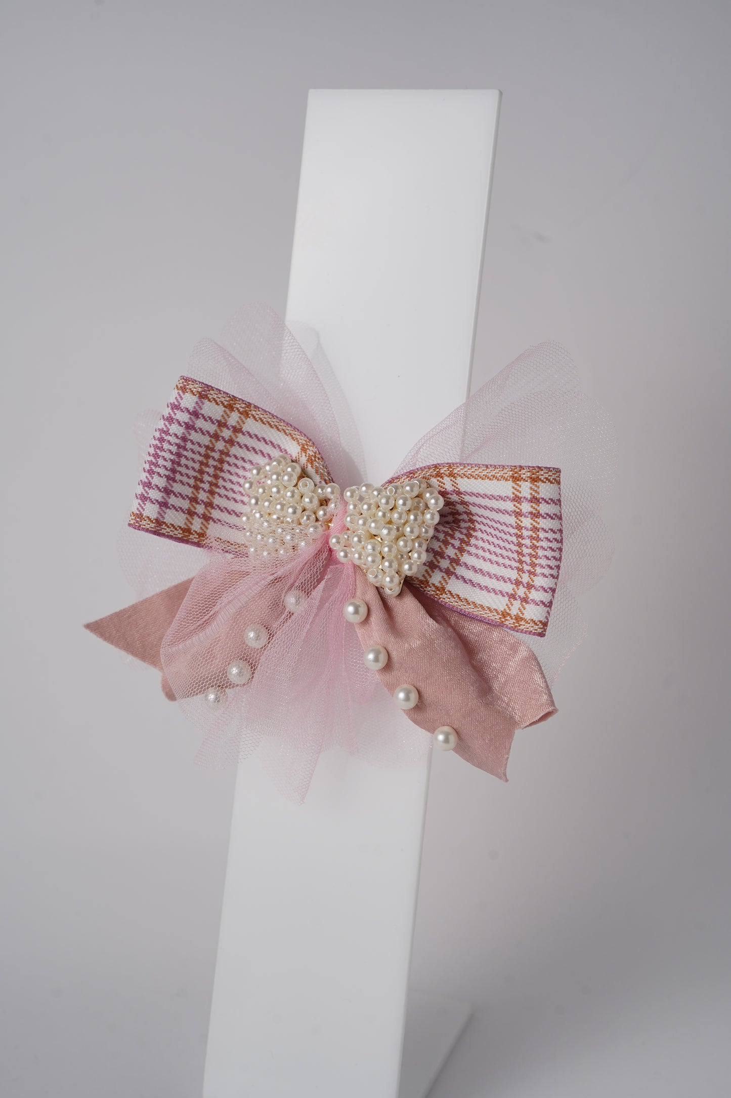 Pearl Bow Hair Clip with Tulle & Plaid Ribbon Elegant Party Accessory for Girls