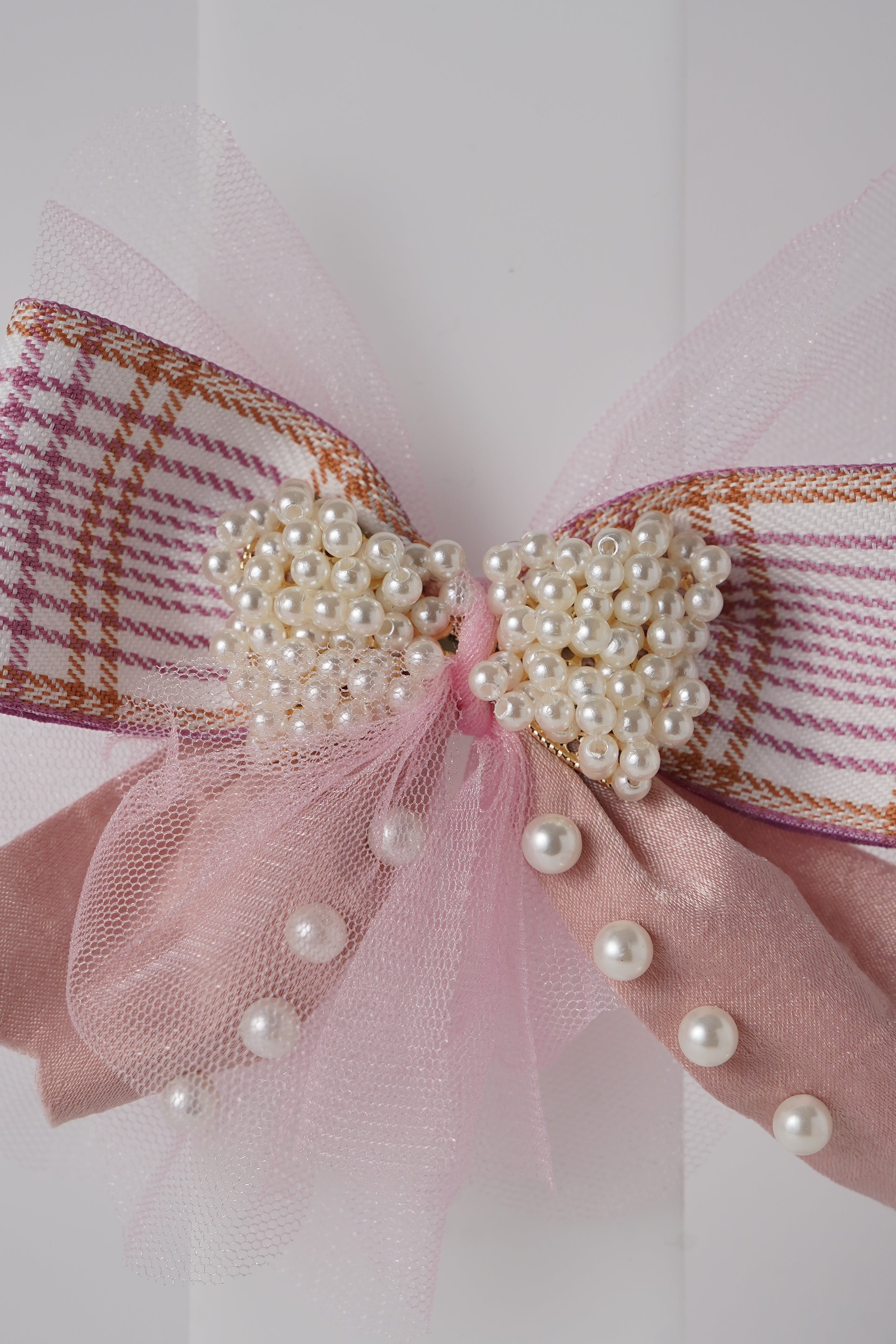 Pearl Bow Hair Clip with Tulle & Plaid Ribbon Elegant Party Accessory for Girls