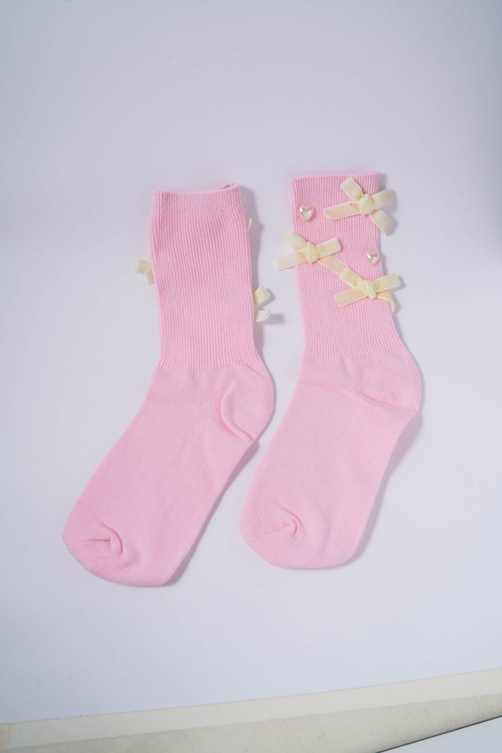 Pink Socks with Cream Bows & Pearl Heart