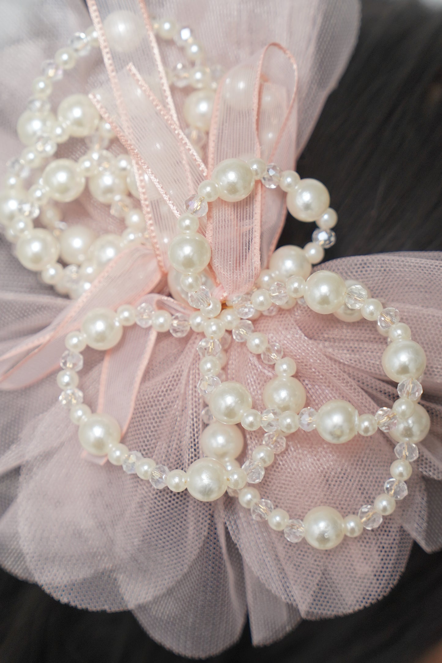 Elegant Tulle Hair Clip with Pearl Loops & Ribbon Bow Party & Wedding Hair Accessory